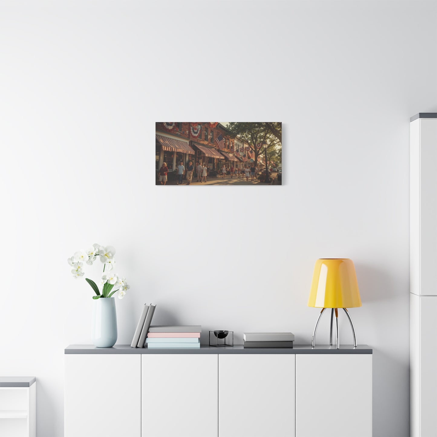 Patriotic Main Street Canvas Wall Art - American Flag Small Town Streetscape, Golden Hour Art Print - Vintage Americana Style - Living Room Wall Decor, Office Art Accent - Ready to Hang