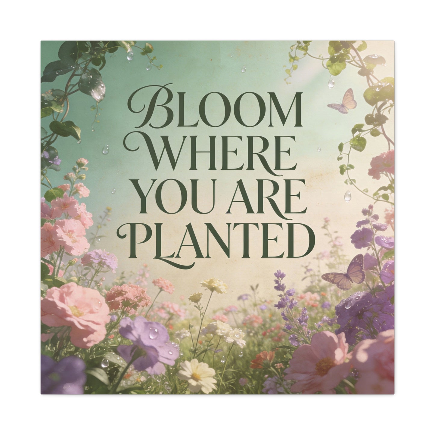 "Bloom Where You Are Planted" Inspirational Canvas Wall Art - Floral Butterfly Quote Print, Pastel Garden Typography Decor, Modern Farmhouse Style, Bedroom Home Decoration - Living Room Wall Decor