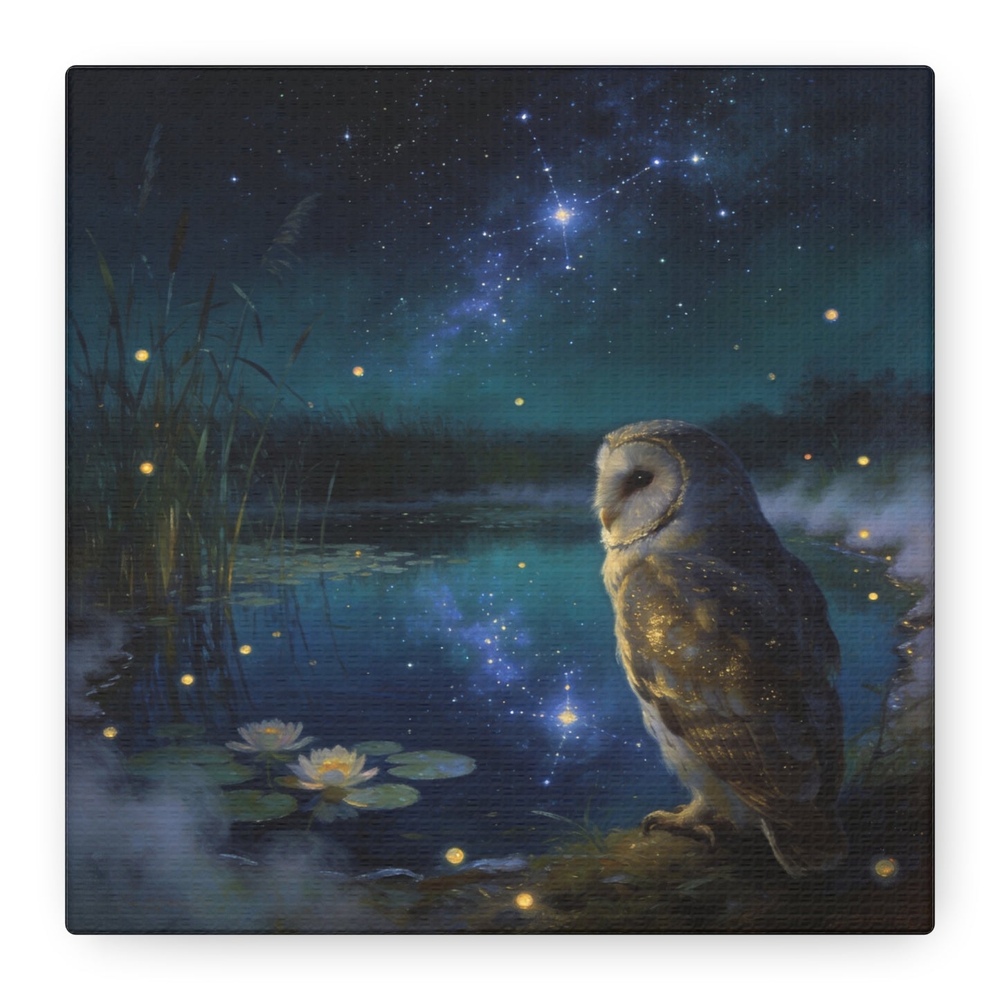 Barn Owl Canvas Wall Art - Moonlit Pond, Fireflies, Water Lilies, Starry Night Sky - Dreamy Wildlife Painting - Matte Finish Canvas Print - Bedroom Wall Decor, Nursery Accent - Bedroom Home Decoration