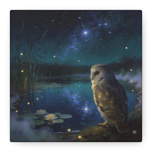 Barn Owl Canvas Wall Art - Moonlit Pond, Fireflies, Water Lilies, Starry Night Sky - Dreamy Wildlife Painting - Matte Finish Canvas Print - Bedroom Wall Decor, Nursery Accent - Bedroom Home Decoration