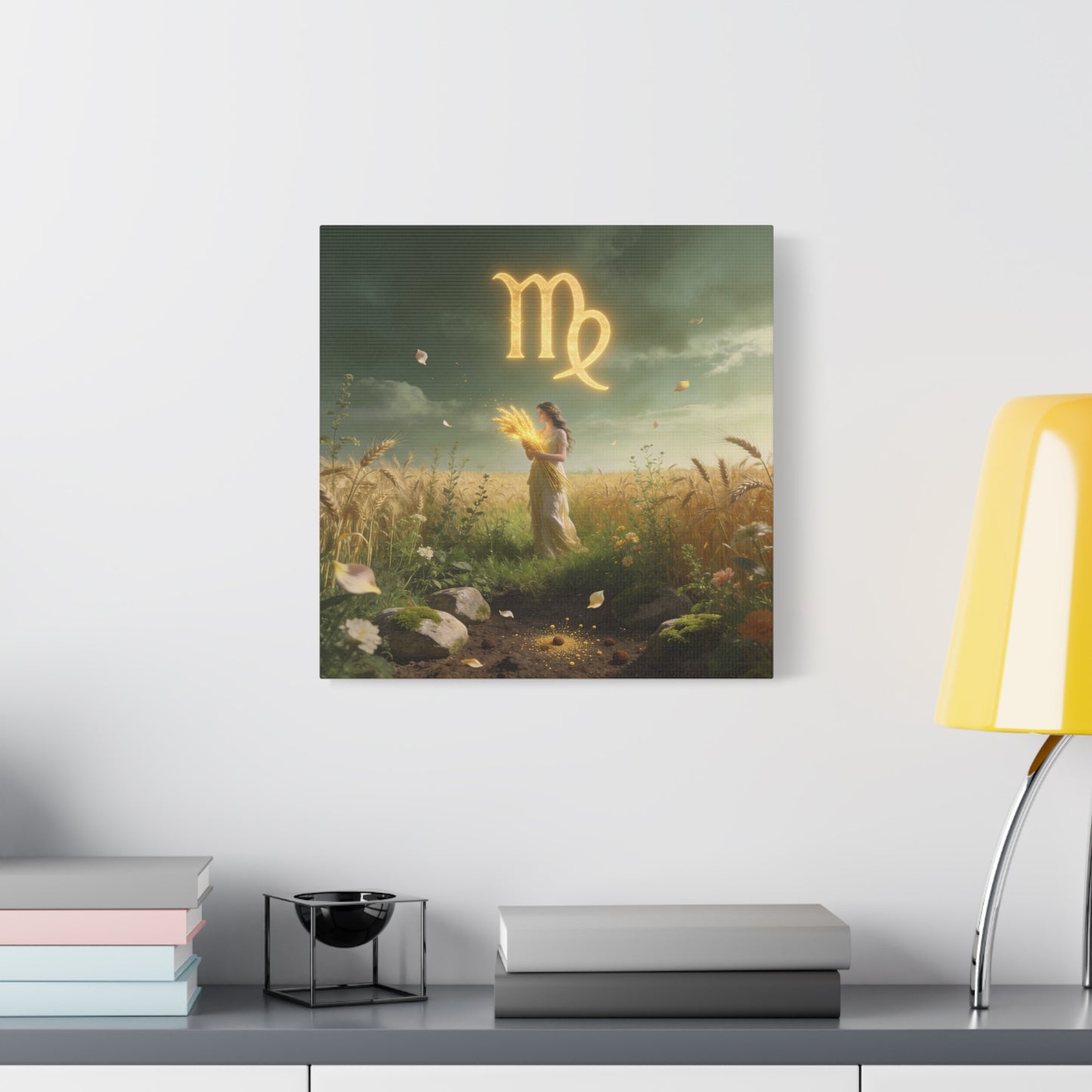 Virgo Zodiac Canvas Wall Art - Glowing Virgo Symbol, Woman In Wheat Field - Mystical Celestial Illustration, Matte Canvas Print - Bedroom Wall Decor, Meditation Space Accent - Bedroom Home Decoration