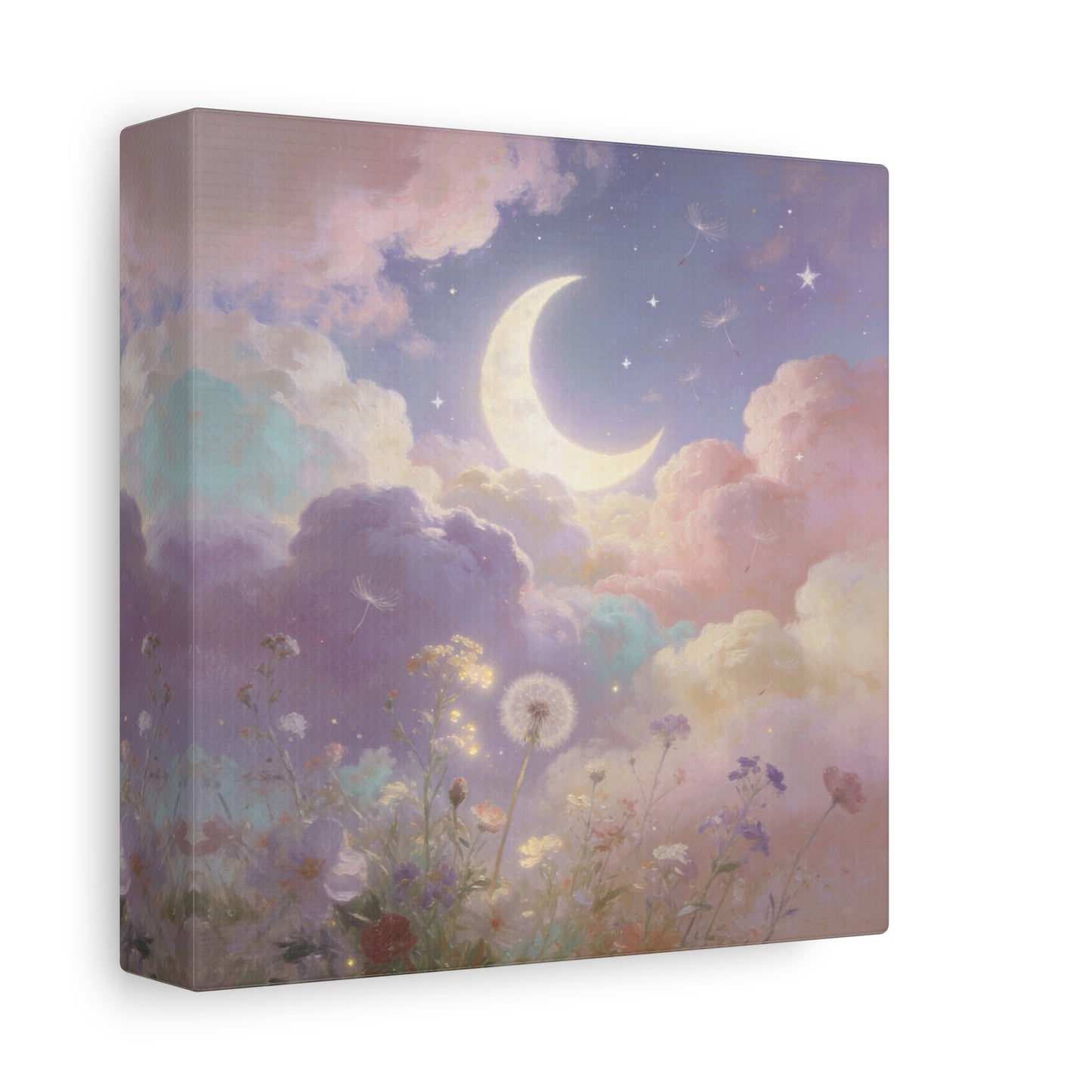 Crescent Moon Canvas Art Print - Dreamy Pastel Clouds, Dandelion Sky, Celestial Floral Scene - Cotton Matte Artwork - Lavender Nursery Accent, Bedroom Decoration, Meditation Space Decor