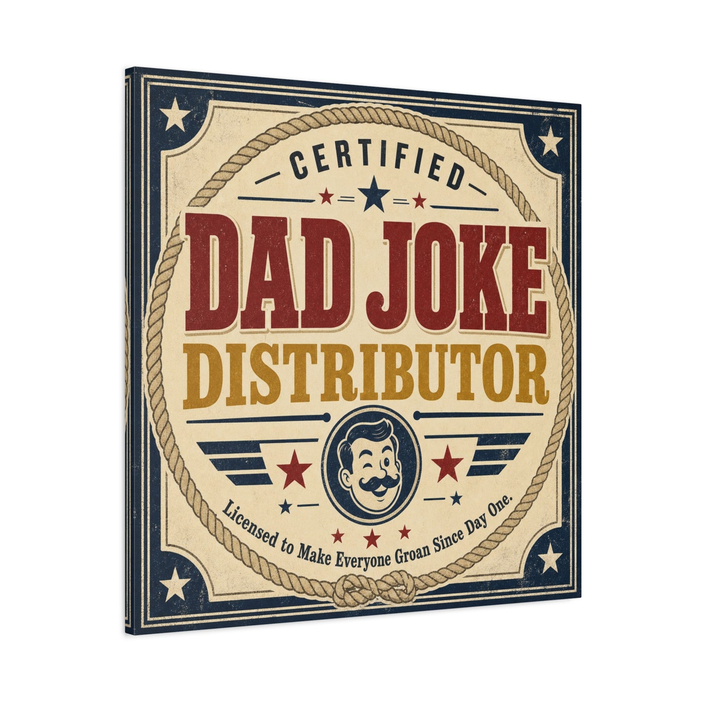 "Dad Joke Distributor" Funny Canvas Wall Art - Vintage Typography Humor Print, Retro Patriotic Stars And Mustache Illustration - Farmhouse Office Decor, Man Cave Wall Hanging - Bedroom Home Decoration