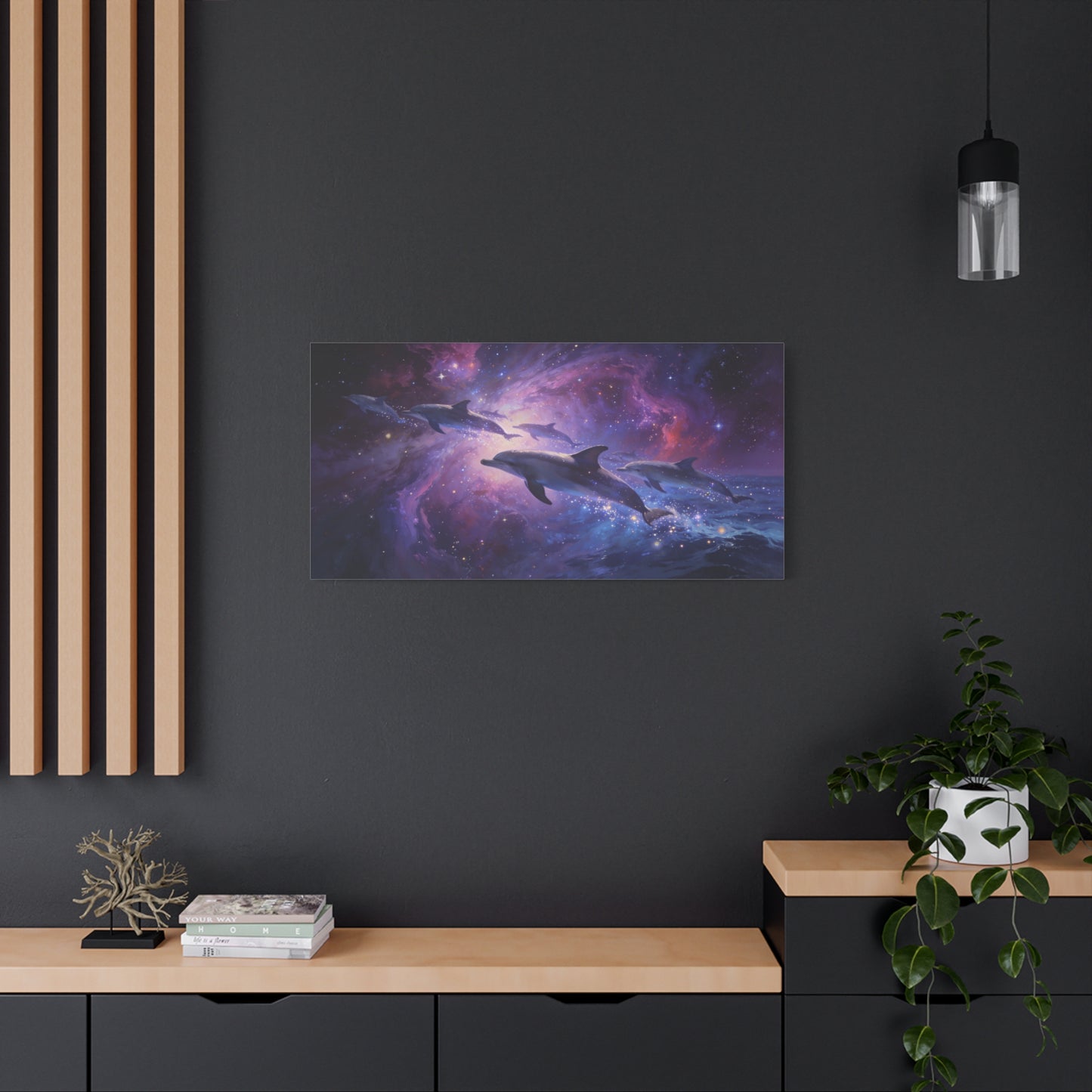 Cosmic Dolphin Canvas Wall Art - Celestial Ocean Galaxy Painting, Zebra Print Wallpaper Inspired Purple Blue Space Scene - Matte Canvas Print - Bedroom Living Room Decor - Living Room Wall Decor