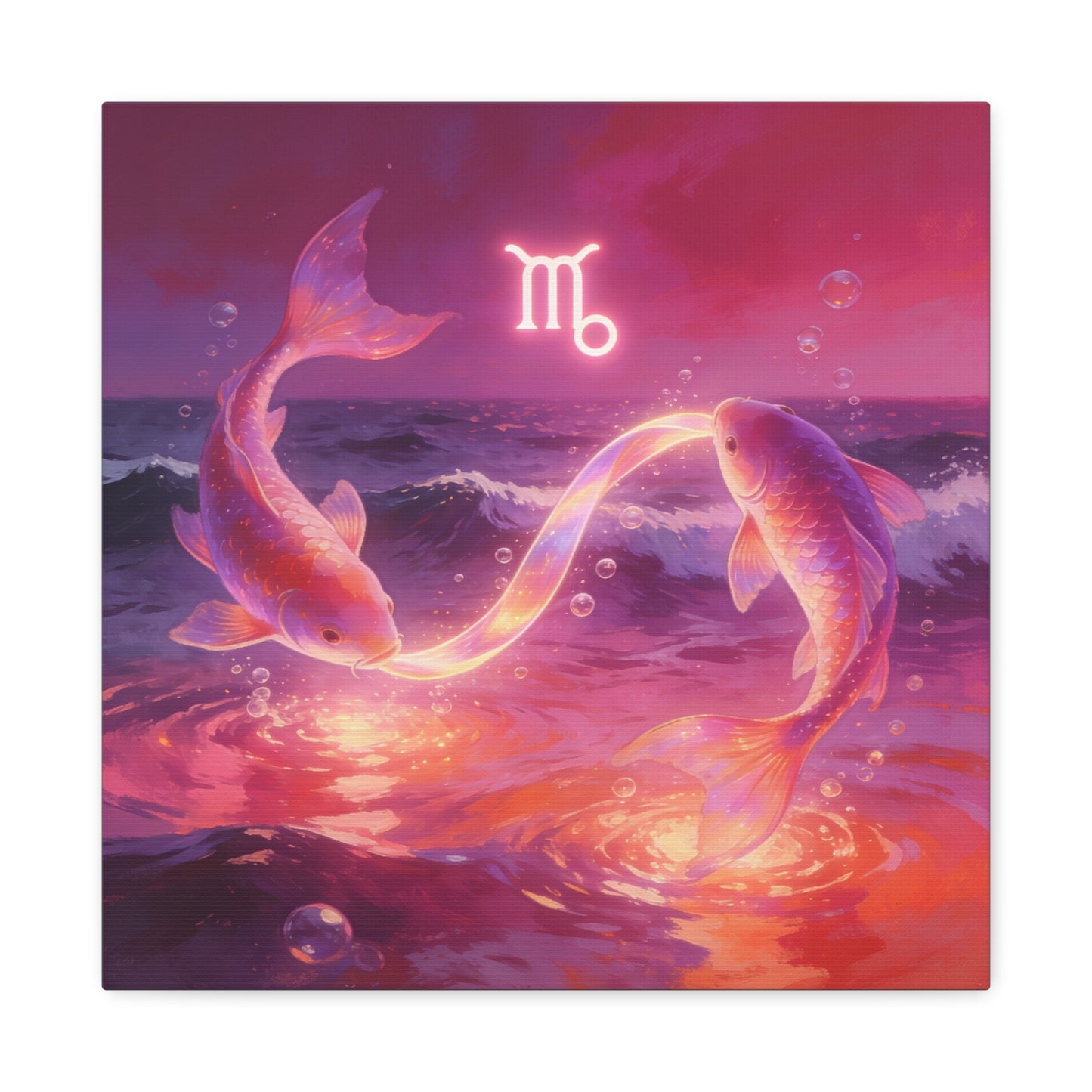 Scorpio Zodiac Canvas Wall Art - Glowing Koi Fish Ocean Illustration, Pink Purple Celestial Water Scene - Modern Fantasy Decor - Bedroom Home Decoration, Living Room Accent - Living Room Wall Decor