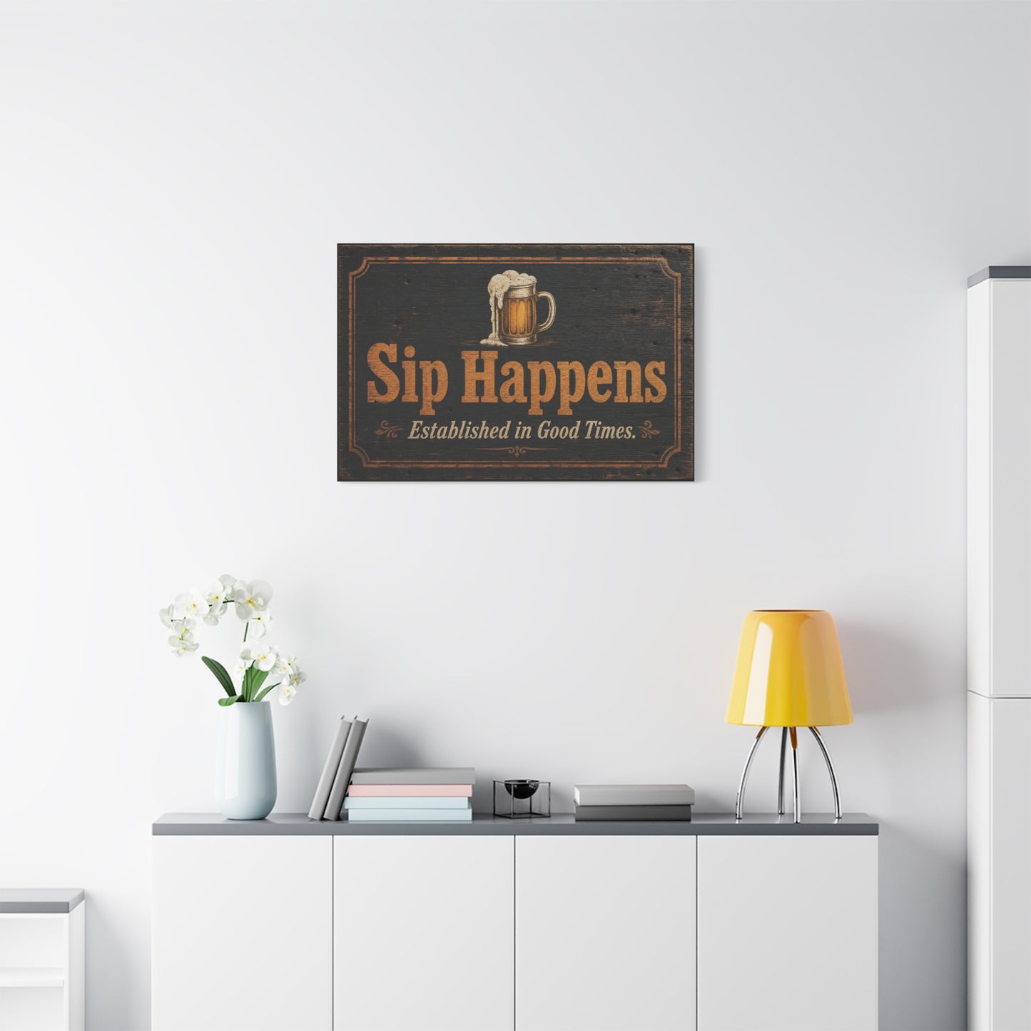 "Sip Happens" Beer Mug Canvas Wall Art - Rustic Vintage Pub Sign, Established In Good Times - Farmhouse Bar Decor - Ready to Hang - Ready to Hang - Pub Wall Art - Cocktail Lounge Decor