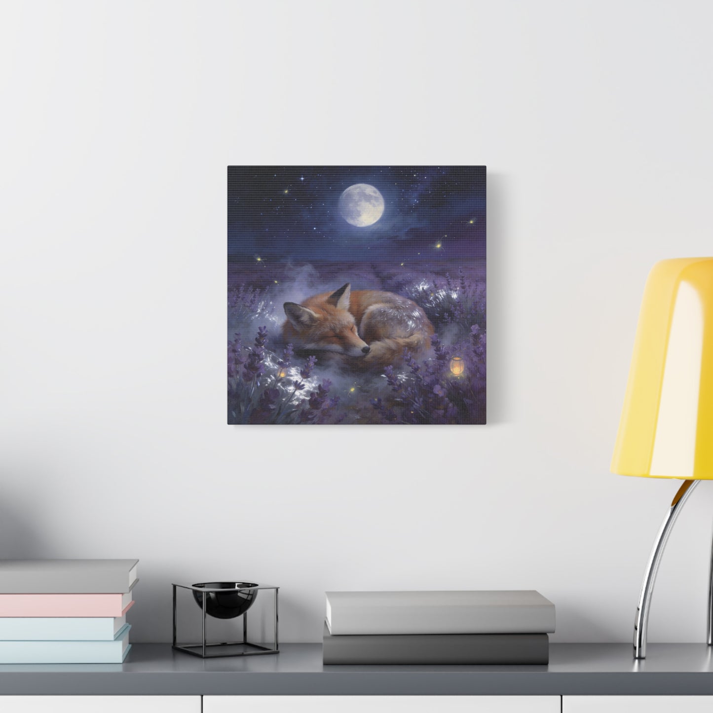 Sleeping Red Fox Canvas Wall Art - Moonlit Lavender Field, Fireflies, Starry Night Sky - Dreamy Woodland Animal Print - Matte Finish Canvas - Bedroom Wall Decor, Nursery Accent - Cozy Reading Nook Art