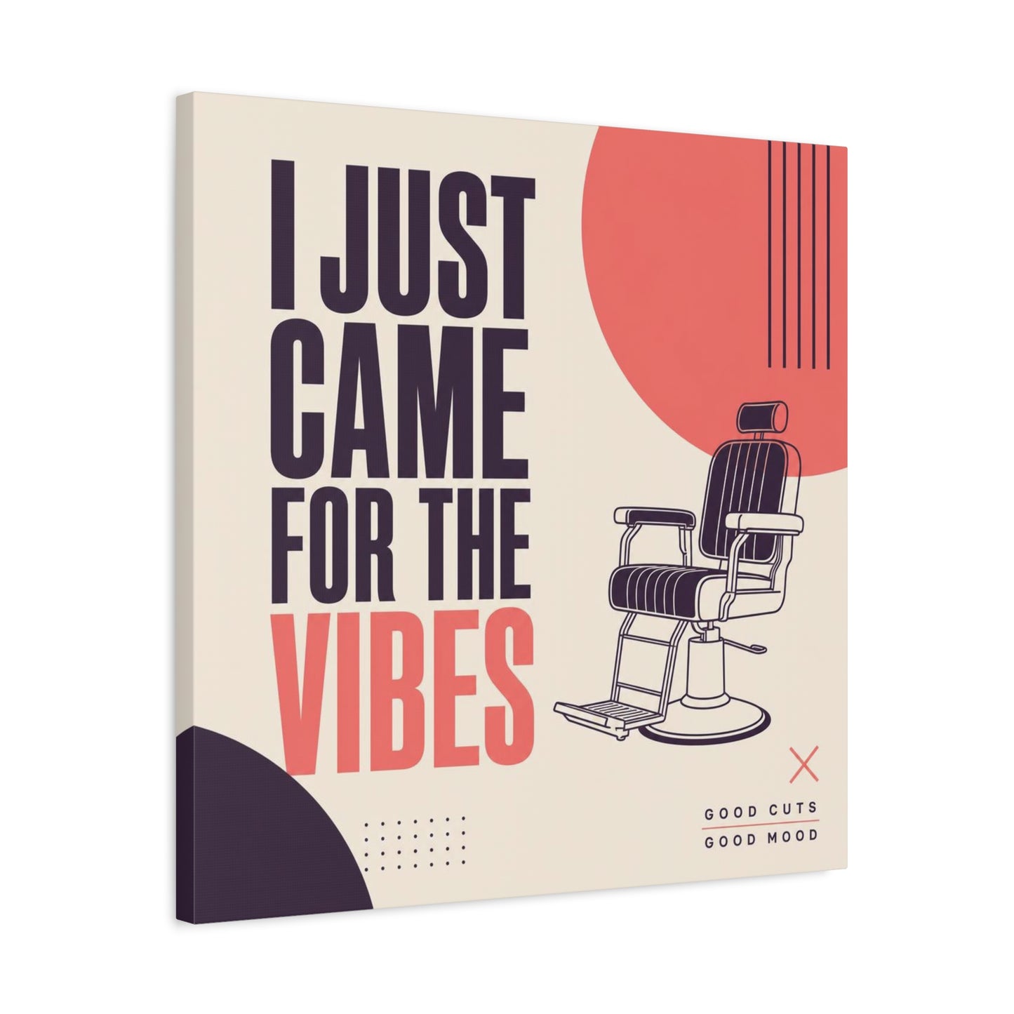"I Just Came For The Vibes" Typography Canvas Wall Art - Barber Chair Line Illustration, Coral And Black Modern Salon Wall Decor - Minimalist Quote Print For Barbershop Lobby Workspace - Ready to Hang