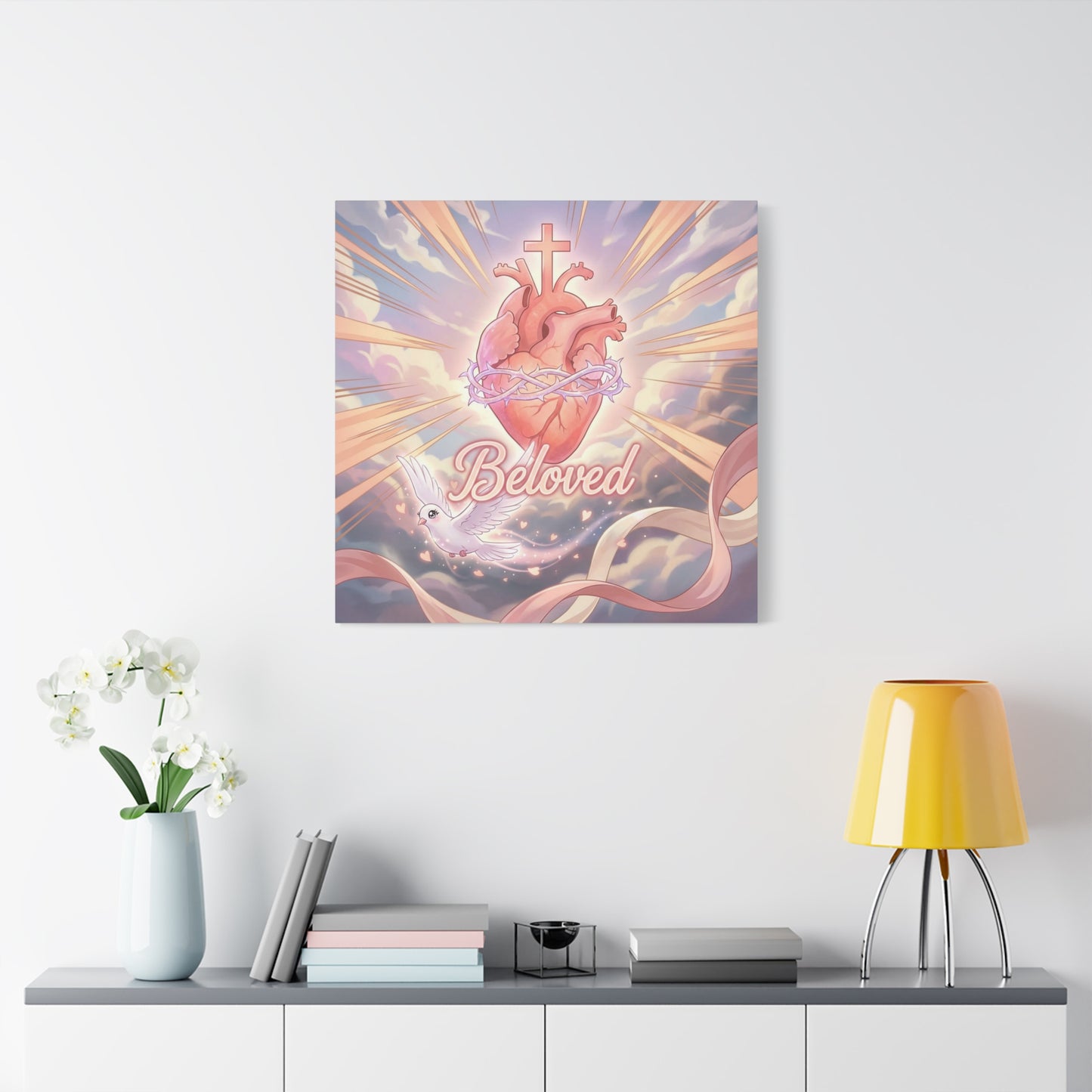 "Beloved" Sacred Heart Canvas Wall Art - Cross, Dove, Crown Of Thorns Christian Decor - Pink Pastel Religious Print - Inspirational Bedroom Home Decoration, Living Room Wall Decor - Ready to Hang