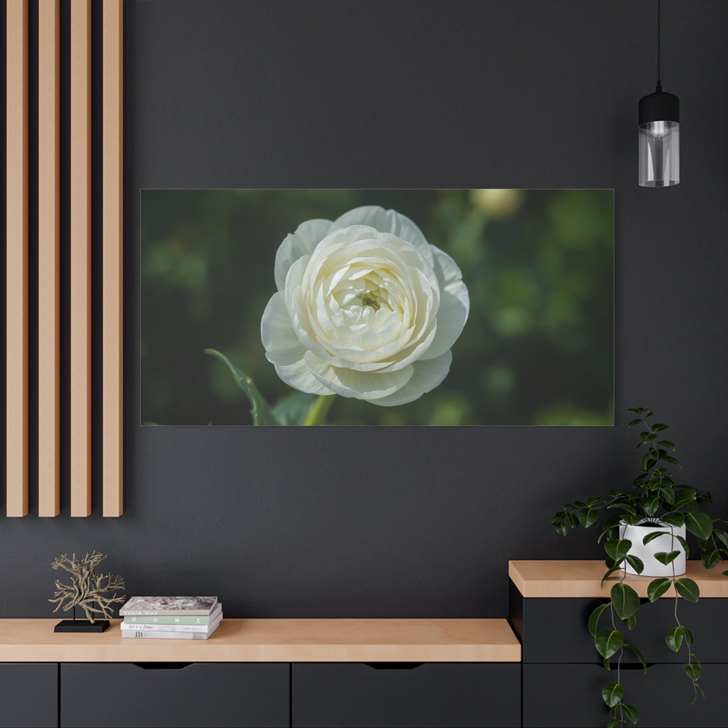White Ranunculus Flower Canvas Wall Art - Botanical Floral Art Print - Soft Green Background, Matte Cotton Decor - Bedroom Wall Hanging, Bathroom Accent, Spa Style - Bedroom Home Decoration