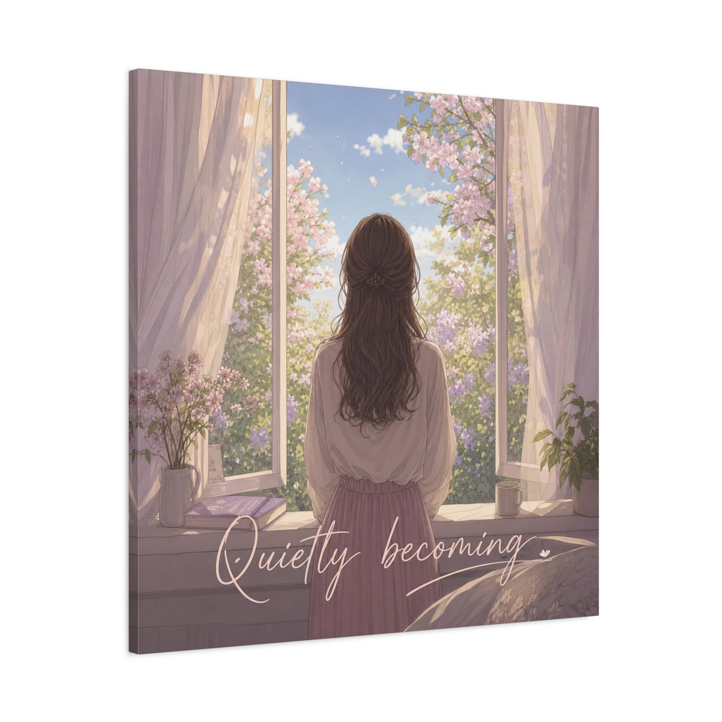 "Quietly Becoming" Girl At Window Canvas Wall Art - Cherry Blossom Bedroom Decor, Soft Pastel Inspirational Print, Dreamy Feminine Room Decoration - Bedroom Home Decoration - Living Room Wall Decor