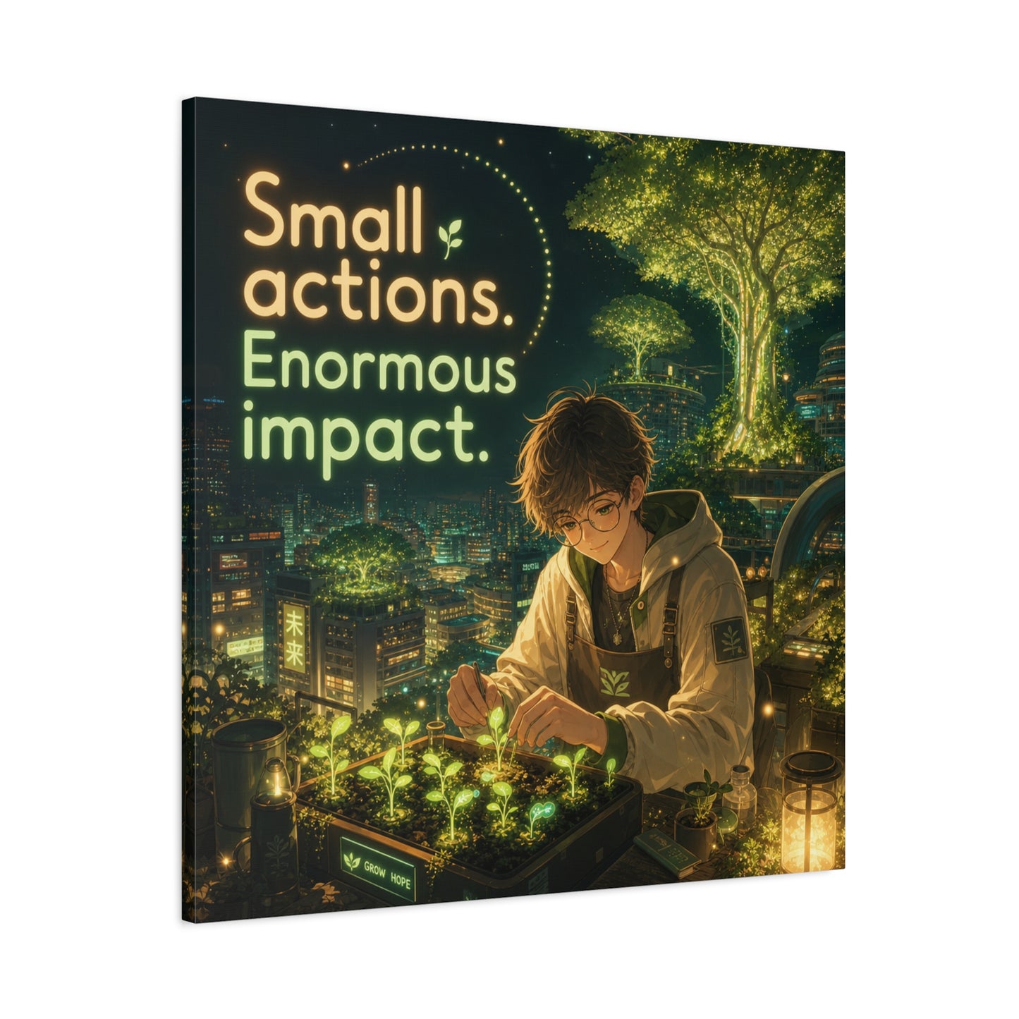 "Small Actions. Enormous Impact." Inspirational Canvas Wall Art - Anime Boy Gardening Cityscape - Glowing Green Night Illustration - Bedroom Home Decoration, Home Office Decor - Living Room Wall Decor