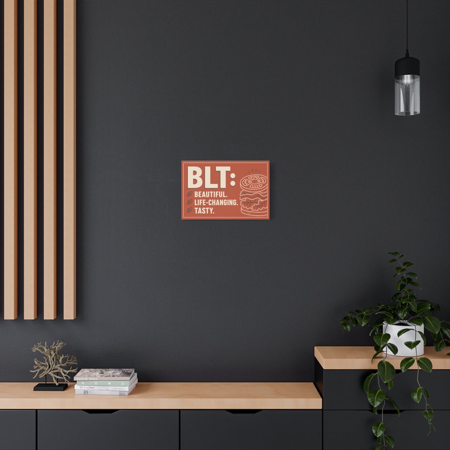 "BLT: Beautiful. Life-Changing. Tasty." Canvas Wall Art - Retro Sandwich Decor - Typography Food Illustration - Modern Farmhouse Style - Deli Wall Decor - Sandwich Shop Sign - Gallery Wrapped Canvas