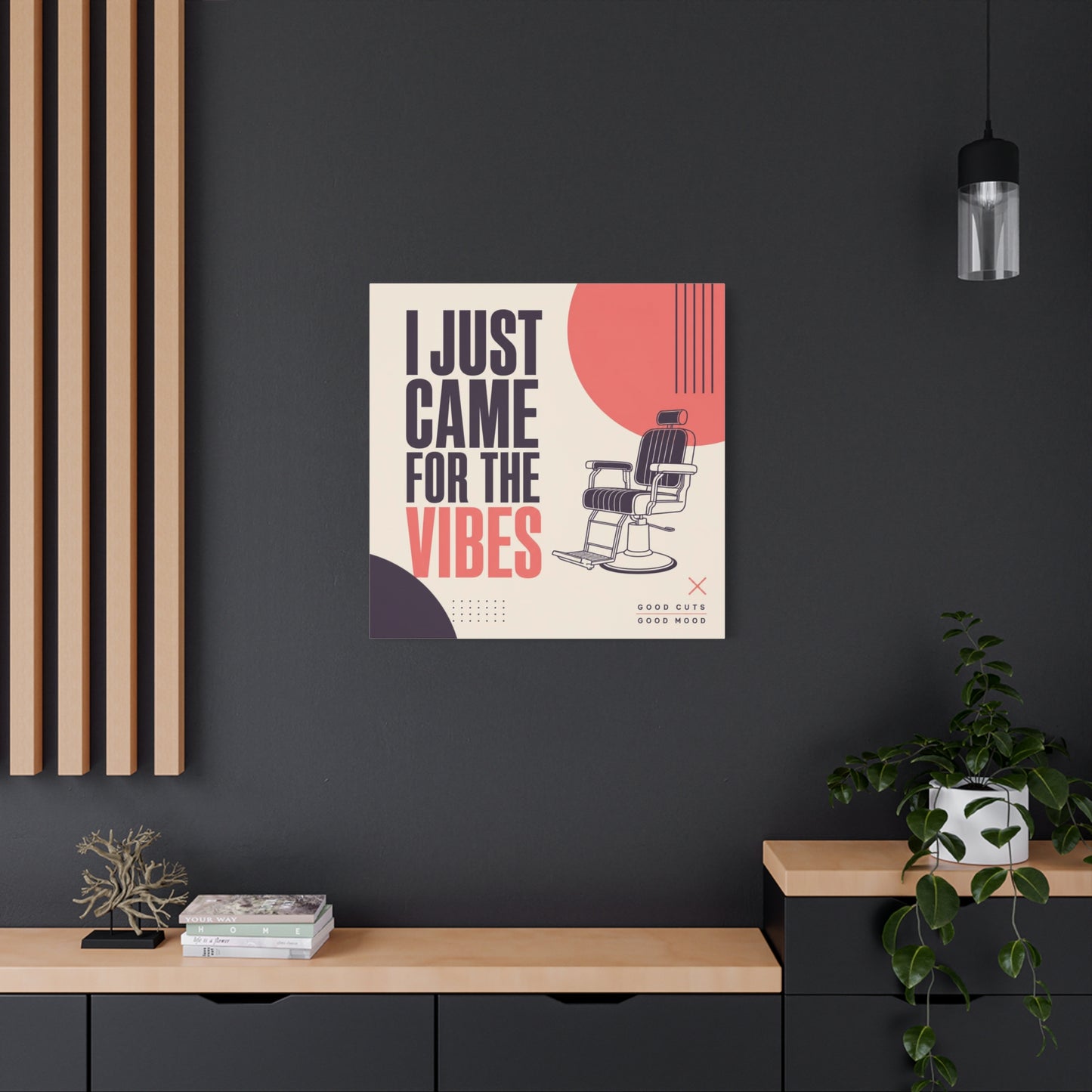 "I Just Came For The Vibes" Typography Canvas Wall Art - Barber Chair Line Illustration, Coral And Black Modern Salon Wall Decor - Minimalist Quote Print For Barbershop Lobby Workspace - Ready to Hang