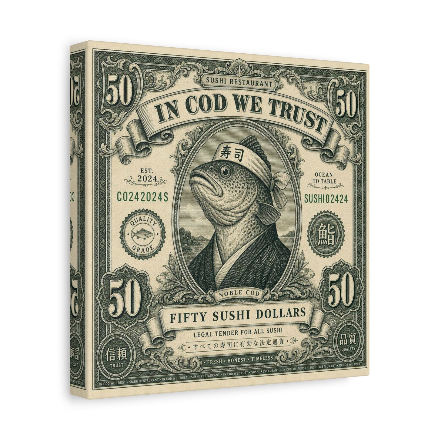 "In Cod We Trust" Sushi Restaurant Canvas Wall Art - Vintage Money Bill Fish Illustration, Typography Poster Style, Cotton Canvas Print, Cafe Decor, Dining Room Accent, Office Art - Ready to Hang