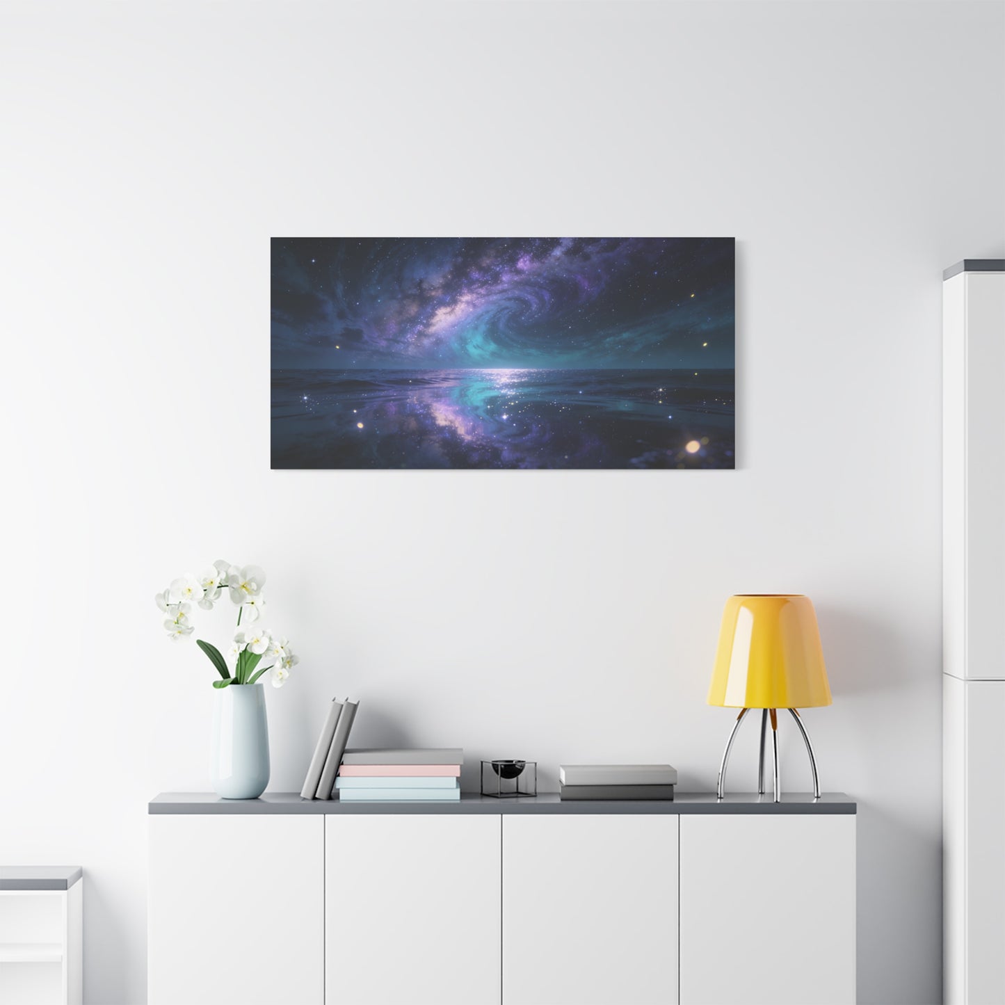 Galaxy Ocean Canvas Wall Art - Swirling Milky Way Night Seascape, Celestial Horizon Reflection - Matte Cotton Art Print - Contemporary Space Decor For Living Room Bedroom Office - Ready to Hang