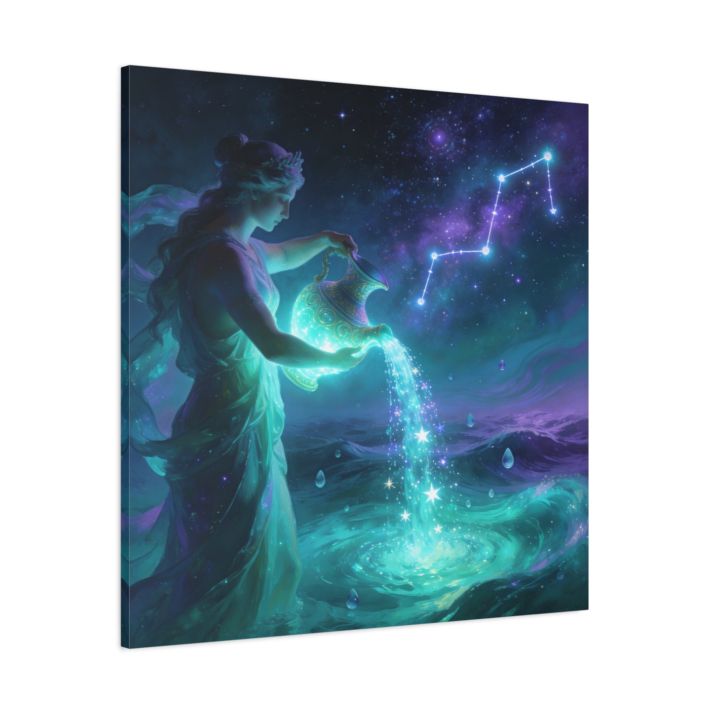 Aquarius Goddess Canvas Wall Art - Zodiac Water Bearer Celestial Galaxy Illustration - Mystical Purple Blue Fantasy Decor - Bedroom Home Decoration, Living Room Wall Decor - Bedroom Home Decoration