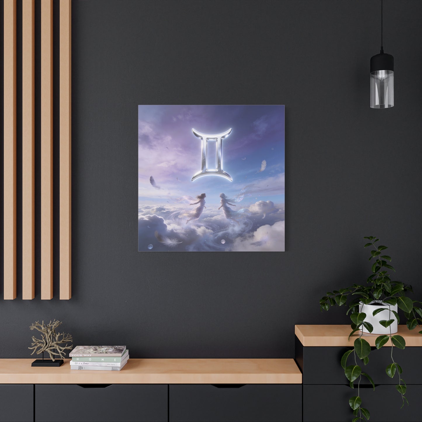 Gemini Zodiac Canvas Art Print - Glowing Twin Symbol, Ethereal Sky Illustration - Dreamy Celestial Typography Style - Cotton Canvas Decor For Bedroom, Living Space, Meditation Room - Office Wall Art