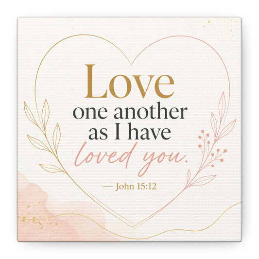 "Love One Another As I Have Loved You. John 15:12" Canvas Wall Art - Christian Scripture Quote, Heart Line Floral Design - Blush Gold Typography - Bedroom Living Room Decor - Living Room Wall Decor