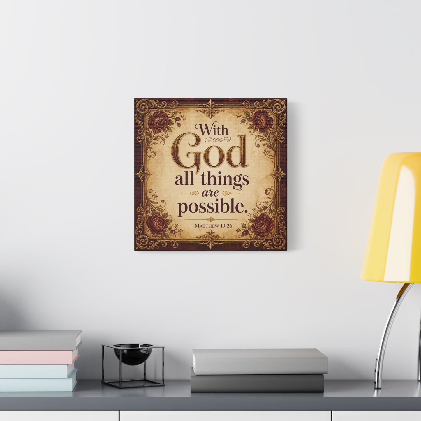 "With God All Things Are Possible. - Matthew 19:26" Christian Canvas Wall Art - Vintage Floral Scripture Print, Traditional Inspirational Decor, Living Room Bedroom Wall Hanging - Ready to Hang