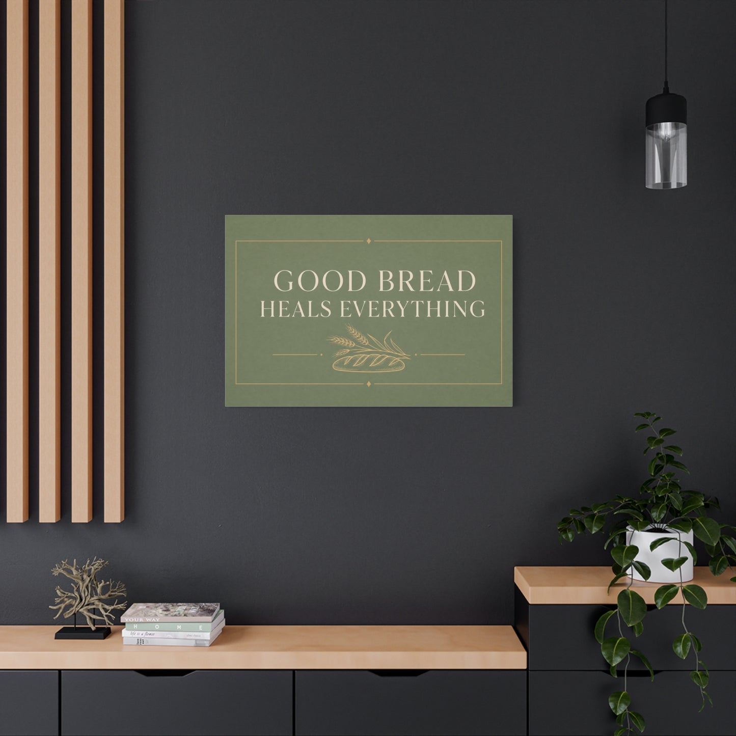"Good Bread Heals Everything" Canvas Wall Art - Vintage Bread Quote Print, Sage Green Typography, Rustic Farmhouse Style - Ready to Hang - Deli Wall Decor - Sandwich Shop Sign - Diner Decor