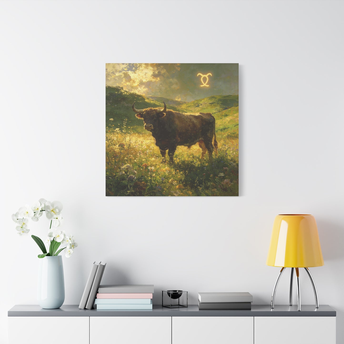 Taurus Bull Canvas Wall Art - Golden Meadow Landscape Painting, Zodiac Symbol, Rustic Contemporary Cotton Canvas Print, Living Room Wall Decor, Bedroom Home Decoration, Office Art Accent