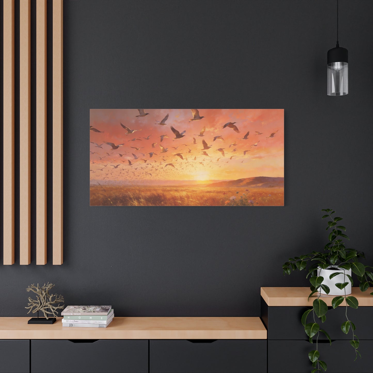 Flock Of Seabirds Canvas Wall Art - Sunset Meadow Landscape Print, Warm Golden Sky, Painterly Nature Scene - Contemporary Style - Living Room Wall Decor Bedroom Decoration - Bedroom Home Decoration