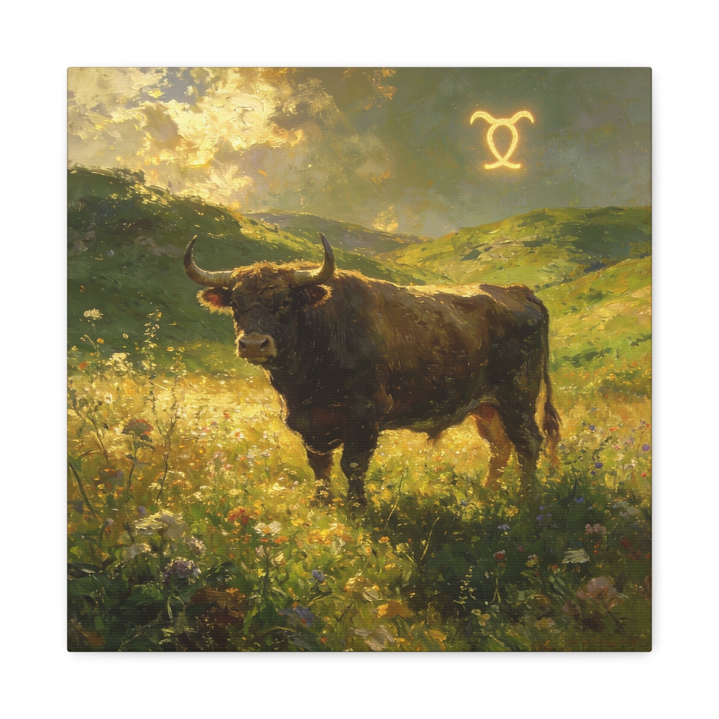 Taurus Bull Canvas Wall Art - Golden Meadow Landscape Painting, Zodiac Symbol, Rustic Contemporary Cotton Canvas Print, Living Room Wall Decor, Bedroom Home Decoration, Office Art Accent