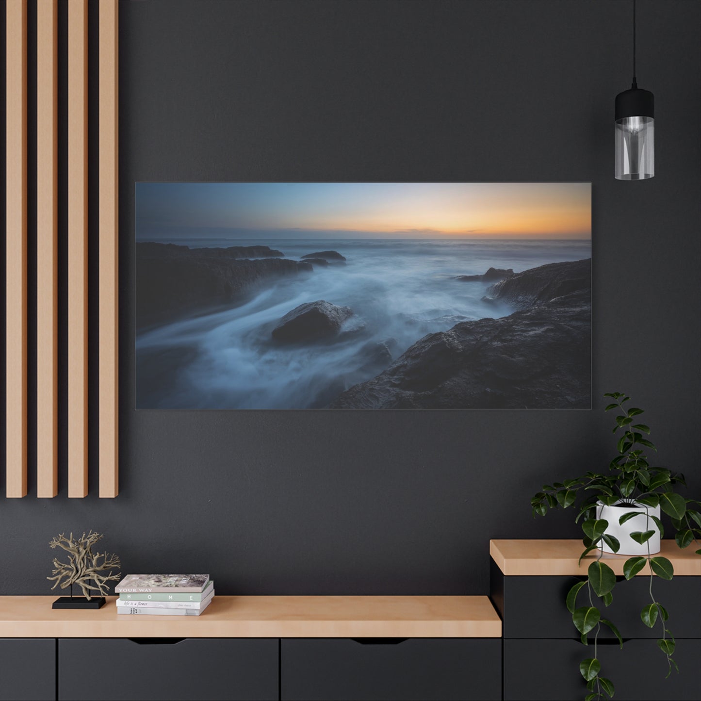 Rocky Ocean Seascape Canvas Wall Art - Long Exposure Coastal Sunset Art Print, Blue Water And Dark Stone Shoreline - Contemporary Matte Canvas Print - Living Room Bedroom Office Decor