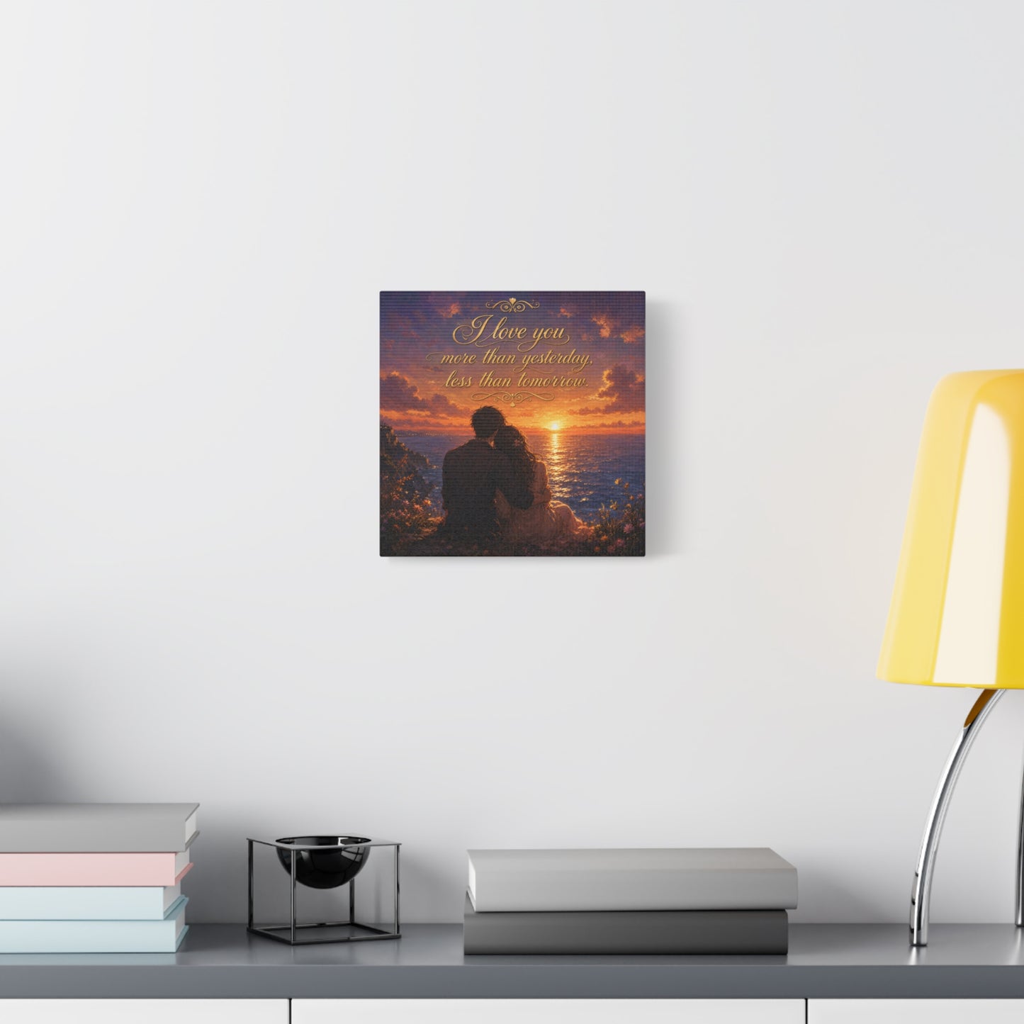 "I Love You More Than Yesterday, Less Than Tomorrow." Love Quote Canvas Wall Art - Romantic Sunset Ocean Couple Silhouette - Gold Script Seascape - Bedroom Wall Decor - Ready to Hang - Ready to Hang