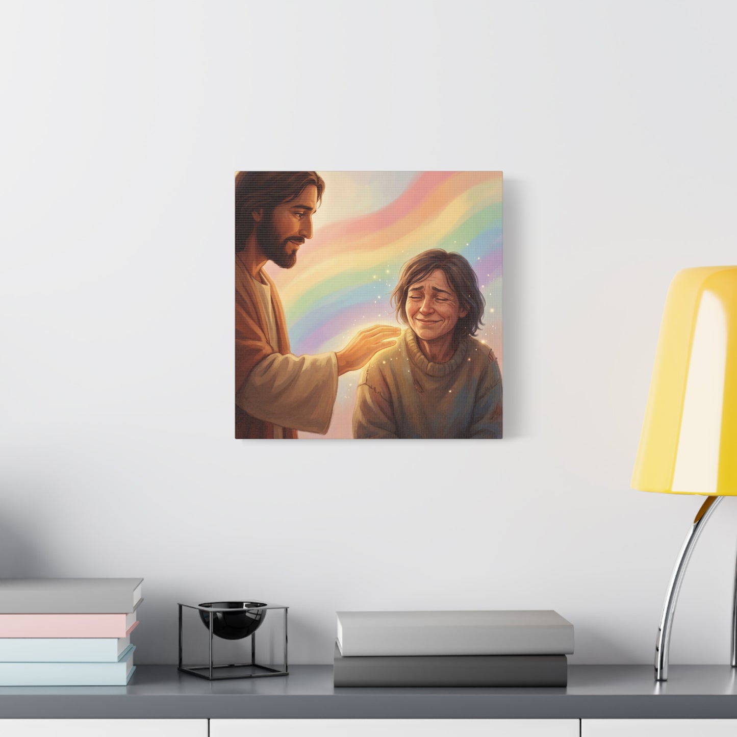 Jesus Christ Comforting Woman Canvas Wall Art - Rainbow Christian Wall Decor, Faith Home Decoration - Matte Canvas Print, Inspirational Religious Artwork - Living Room Bedroom Office - Ready to Hang