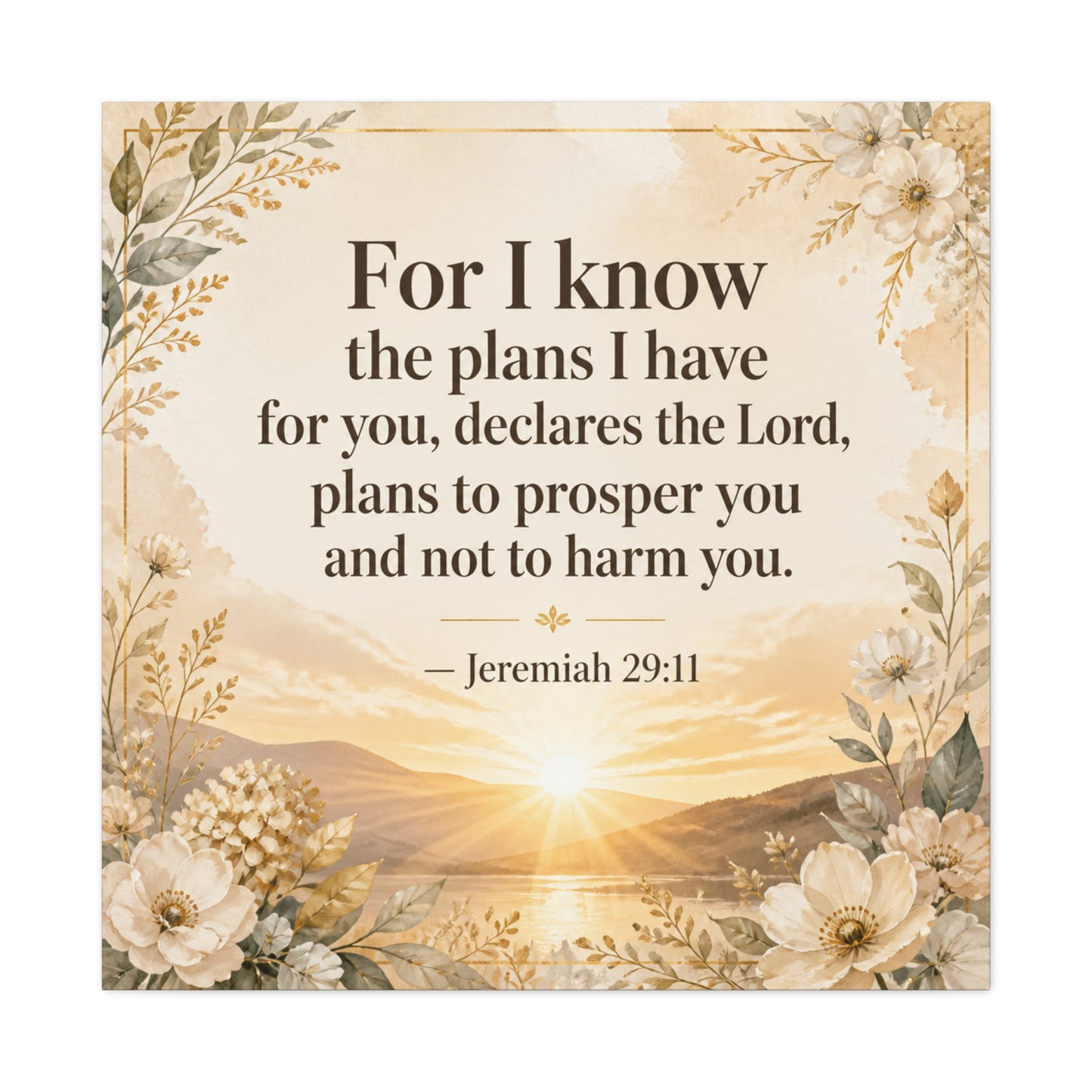 "For I Know The Plans I Have For You" Bible Verse Canvas Wall Art - Jeremiah 29:11 Floral Scripture Print, Gold Sunrise Landscape, Christian Wall Decor For Bedroom, Living Room - Ready to Hang