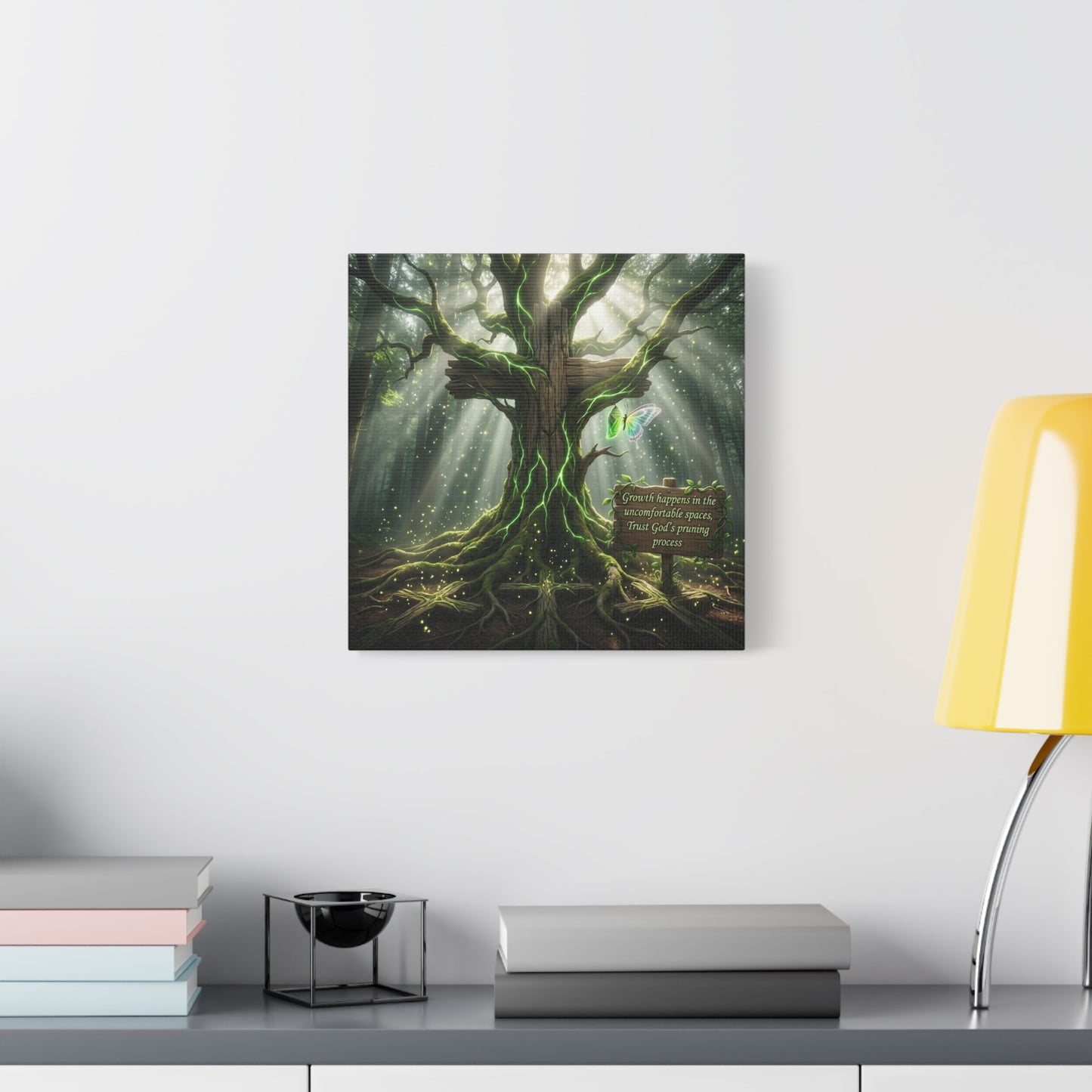 "Growth Happens In The Uncomfortable Spaces, Trust God's Pruning Process" Christian Canvas Wall Art - Forest Tree Cross, Butterfly - Inspirational Rustic Decor - Living Room Wall Decor - Ready to Hang