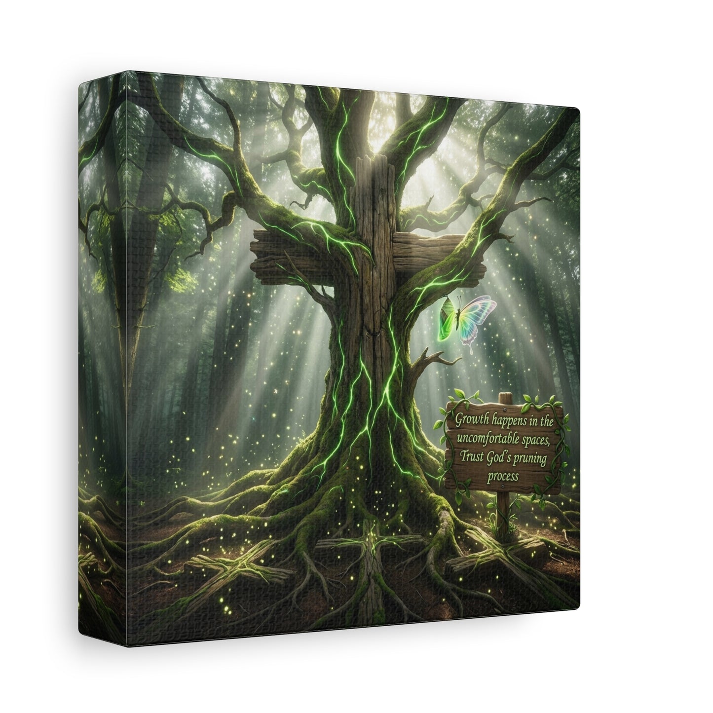 "Growth Happens In The Uncomfortable Spaces, Trust God's Pruning Process" Christian Canvas Wall Art - Forest Tree Cross, Butterfly - Inspirational Rustic Decor - Living Room Wall Decor - Ready to Hang