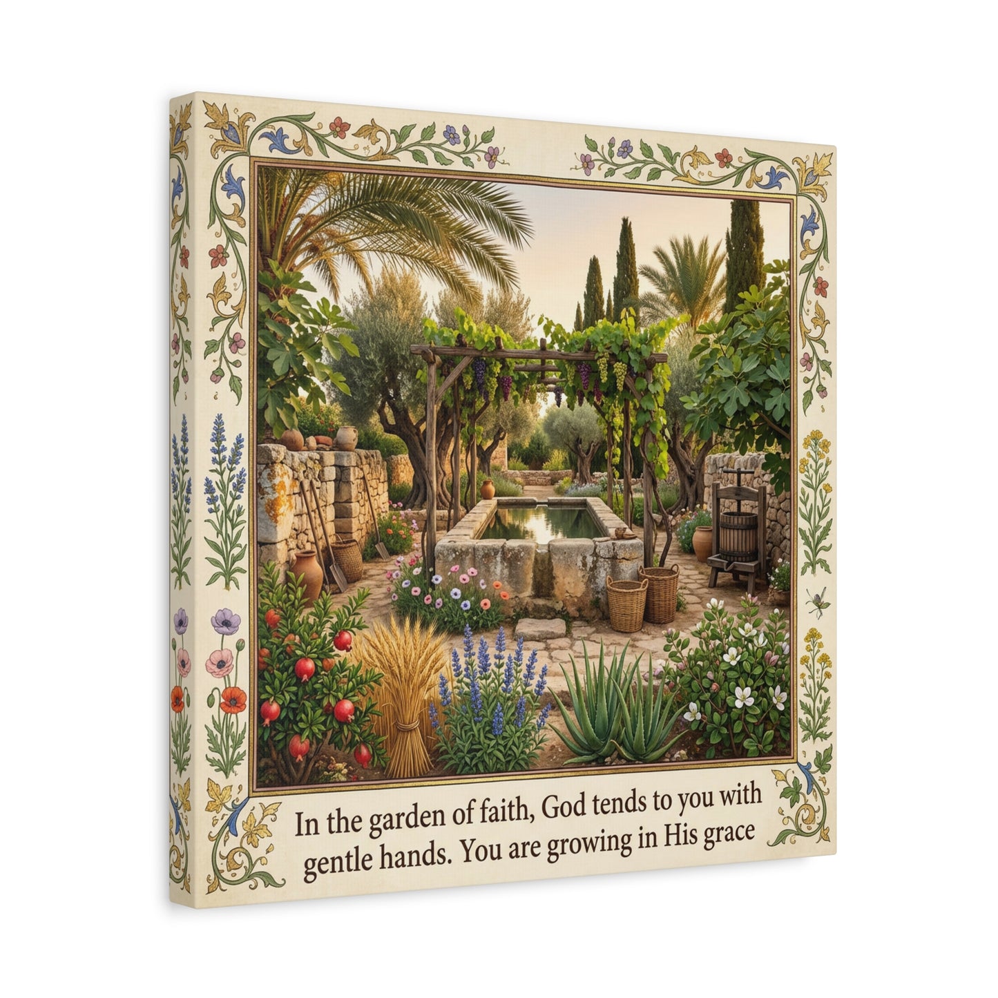 "In The Garden Of Faith, God Tends To You" Canvas Wall Art - Biblical Garden Scripture Print, Floral Border, Rustic Mediterranean Courtyard Scene - Christian Home Decor For Living Room - Ready to Hang