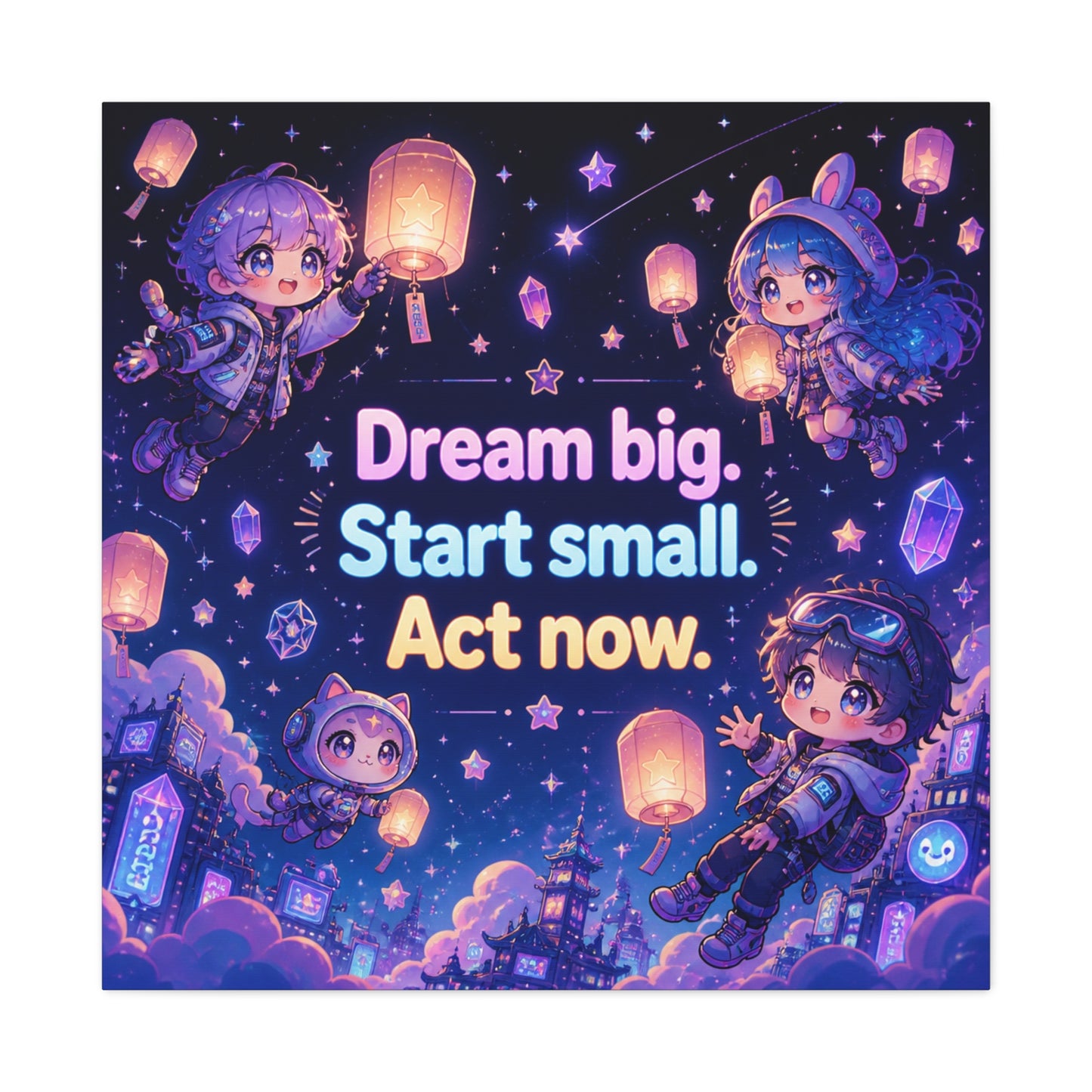"Dream Big. Start Small. Act Now." Inspirational Canvas Wall Art - Kawaii Space Kids, Star Lantern Night Sky Quote Print - Neon Purple Blue Decor, Bedroom Home Decoration, Teen Room Accent