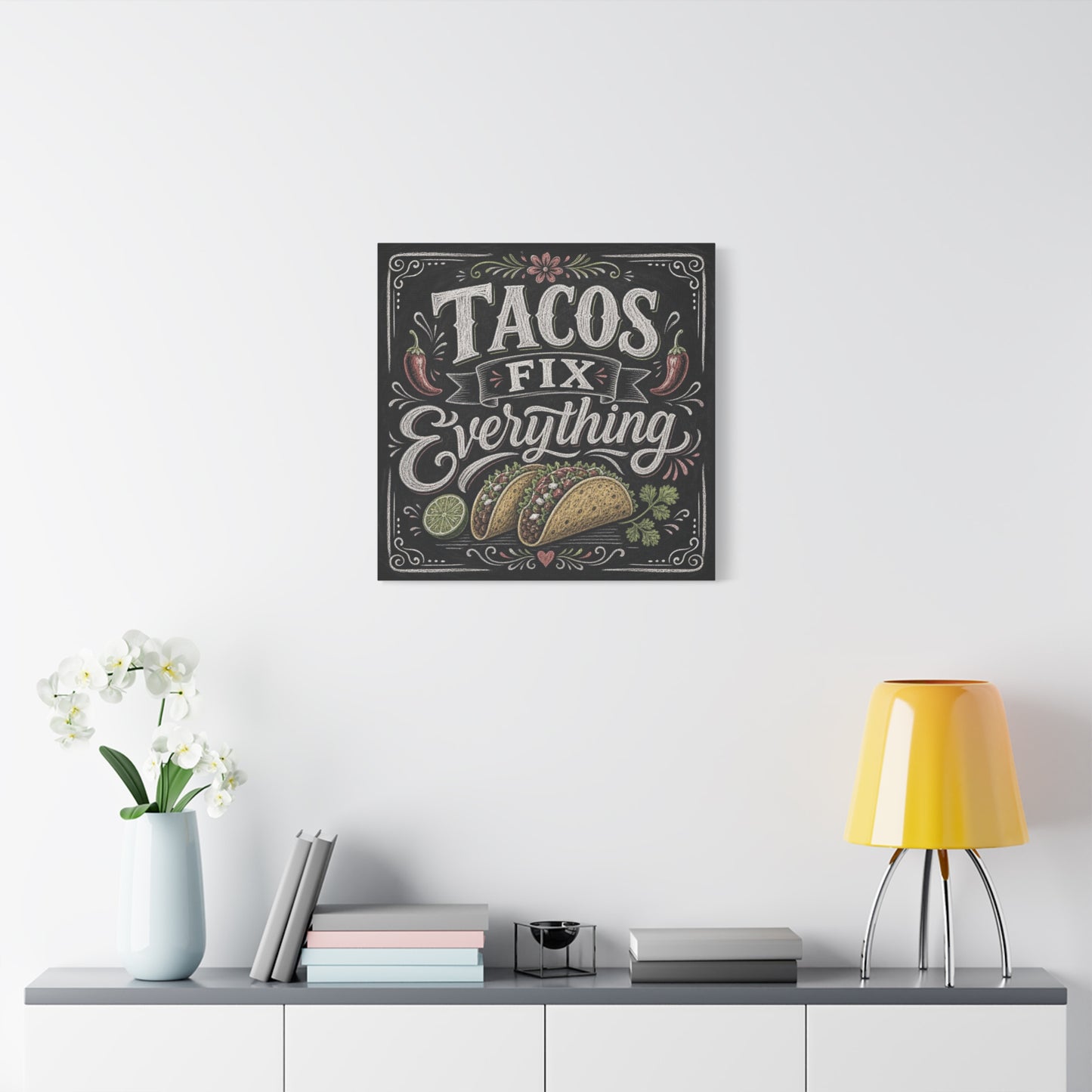 "Tacos Fix Everything" Canvas Wall Art - Chalkboard Taco Kitchen Print, Rustic Typography Decor - Matte Cotton Art Print - Farmhouse Dining Room Accent, Cafe Interior Style - Living Room Wall Decor