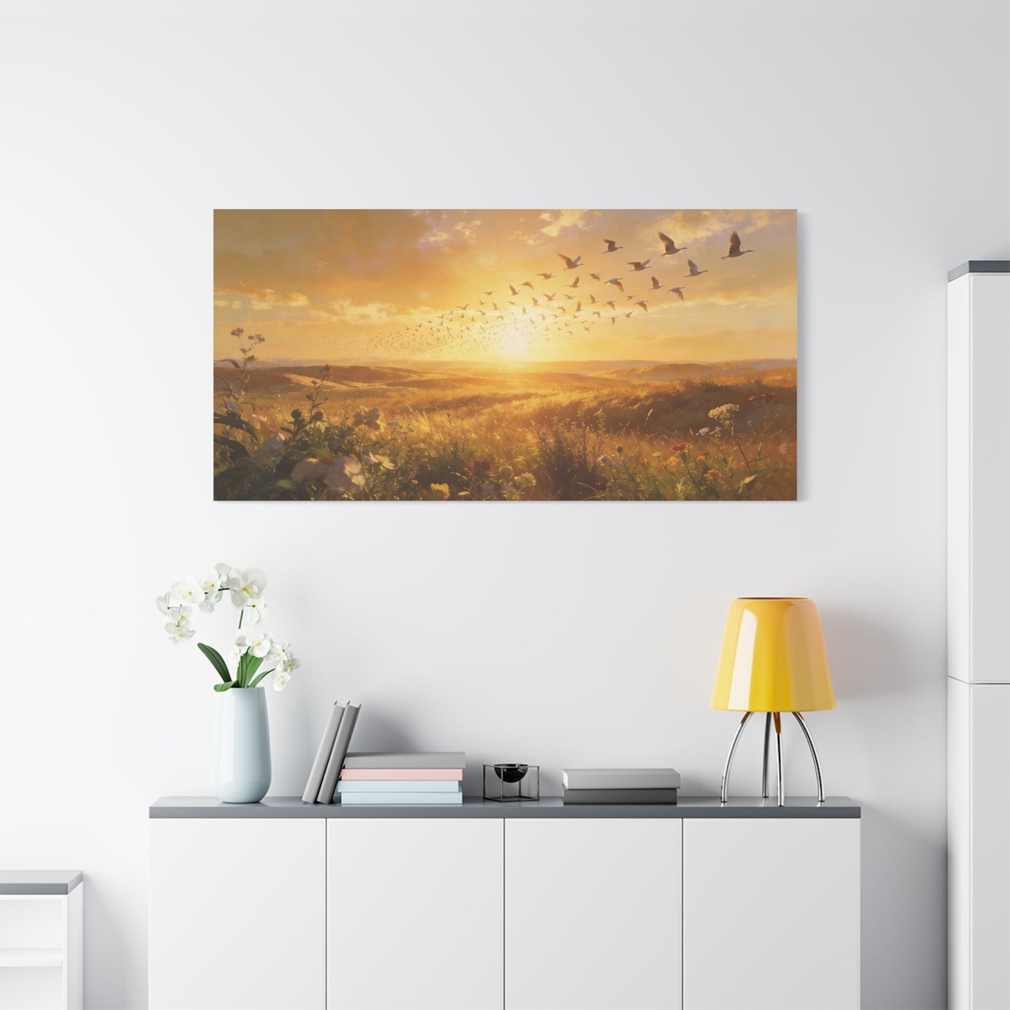Golden Meadow Sunrise Canvas Wall Art - Flying Birds Over Wildflower Landscape, Lighted Patriotic Wall Hanging Banne Tone, Matte Finish Print - Rustic Living Room Decor - Bedroom Home Decoration
