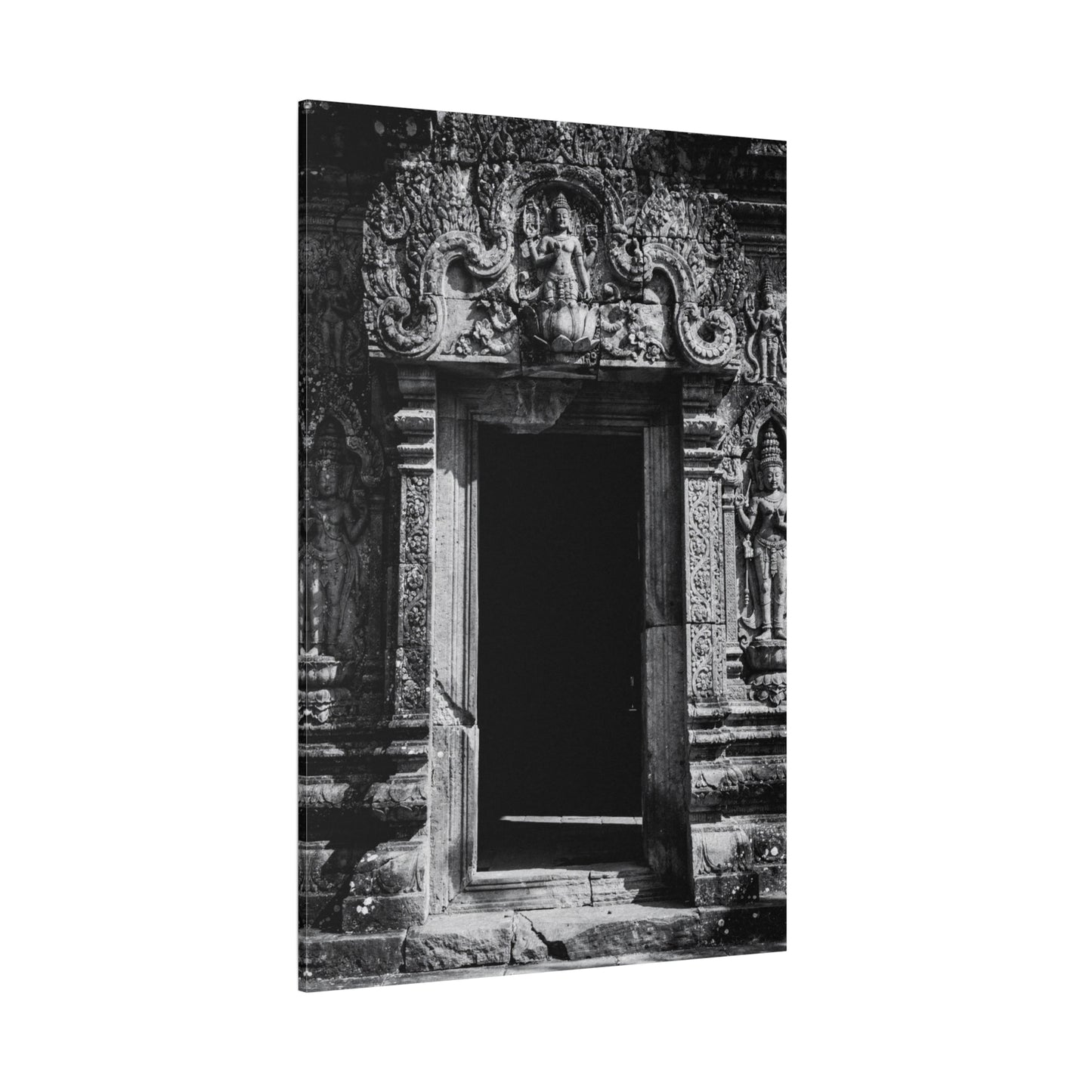 Buddhist Temple Doorway Canvas Wall Art - Black And White Stone Carving, Religious Architecture Print, Traditional Monochrome Decor - Living Room Wall Decor, Office Art - Bedroom Home Decoration