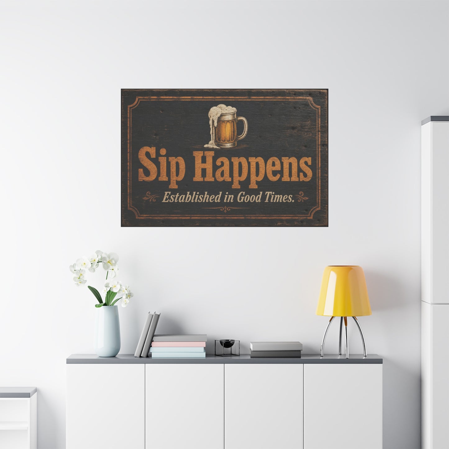 "Sip Happens" Beer Mug Canvas Wall Art - Rustic Vintage Pub Sign, Established In Good Times - Farmhouse Bar Decor - Ready to Hang - Ready to Hang - Pub Wall Art - Cocktail Lounge Decor