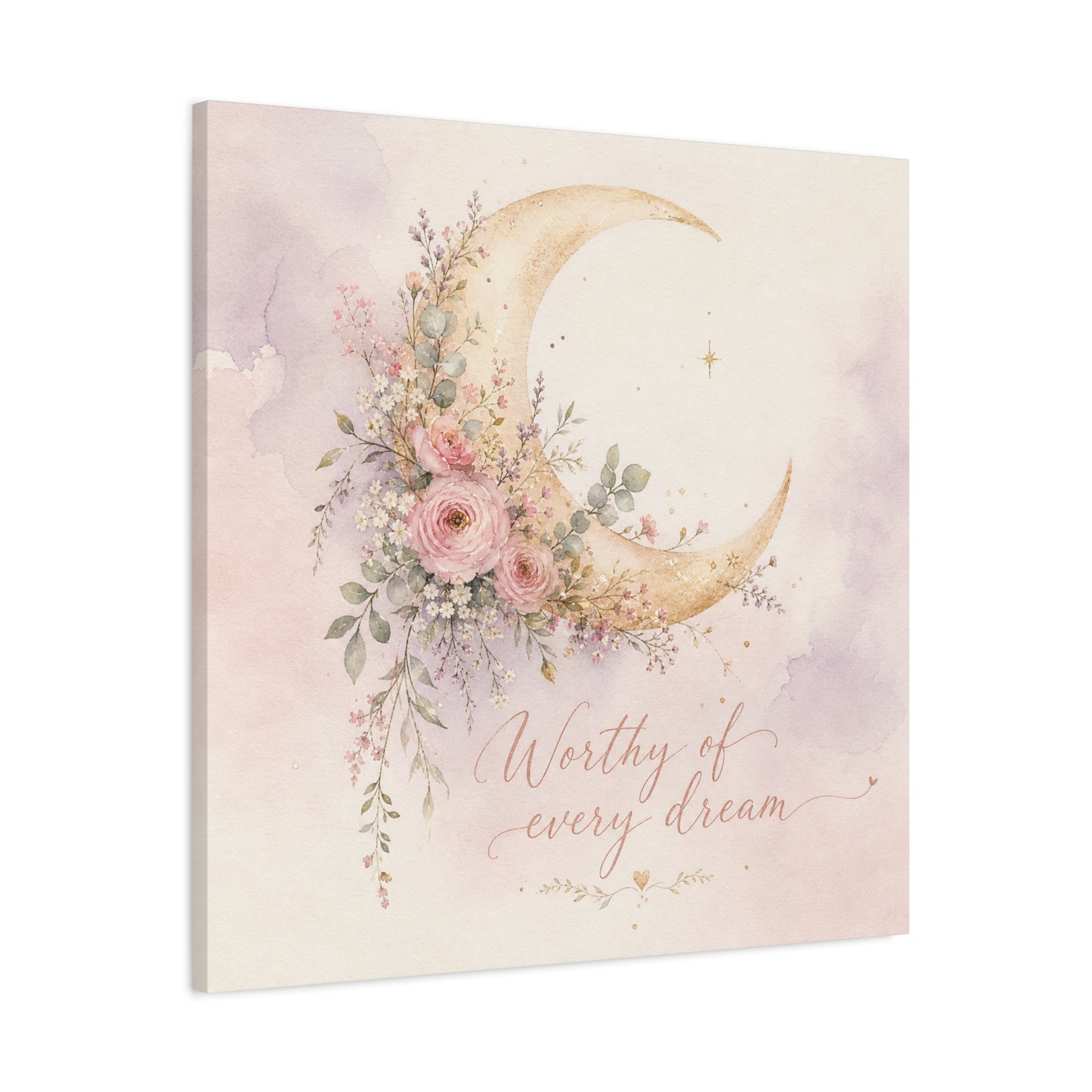 "Worthy Of Every Dream" Moon Canvas Wall Art - Floral Crescent, Inspirational Blush Gold Watercolor - Bohemian Bedroom Wall Decor - Nursery Home Decoration - Bedroom Home Decoration - Ready to Hang