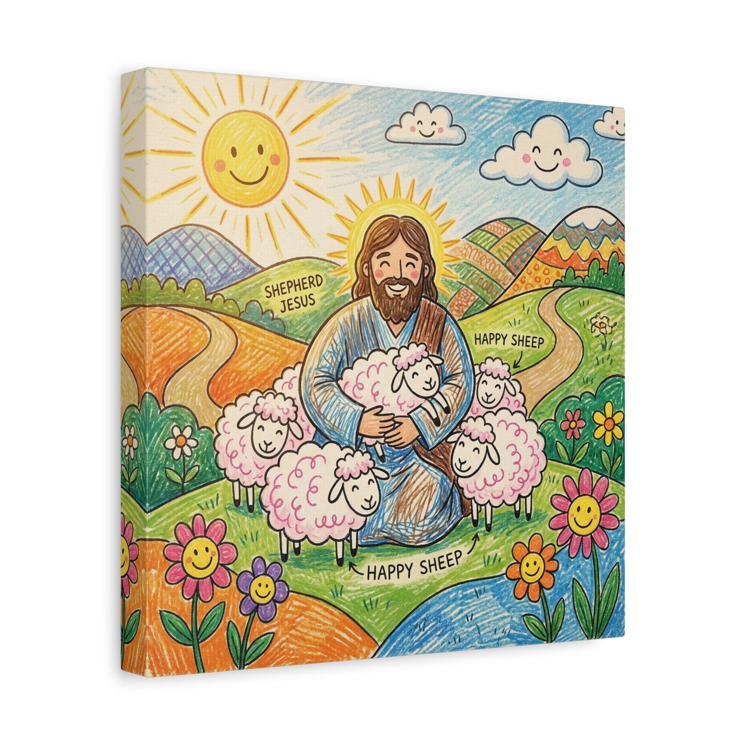 "Shepherd Jesus" "Happy Sheep" Jesus Canvas Wall Art - Christian Kids Nursery Decor, Colorful Religious Print - Matte Cotton Canvas - Playroom Bedroom Classroom Decoration - Living Room Wall Decor