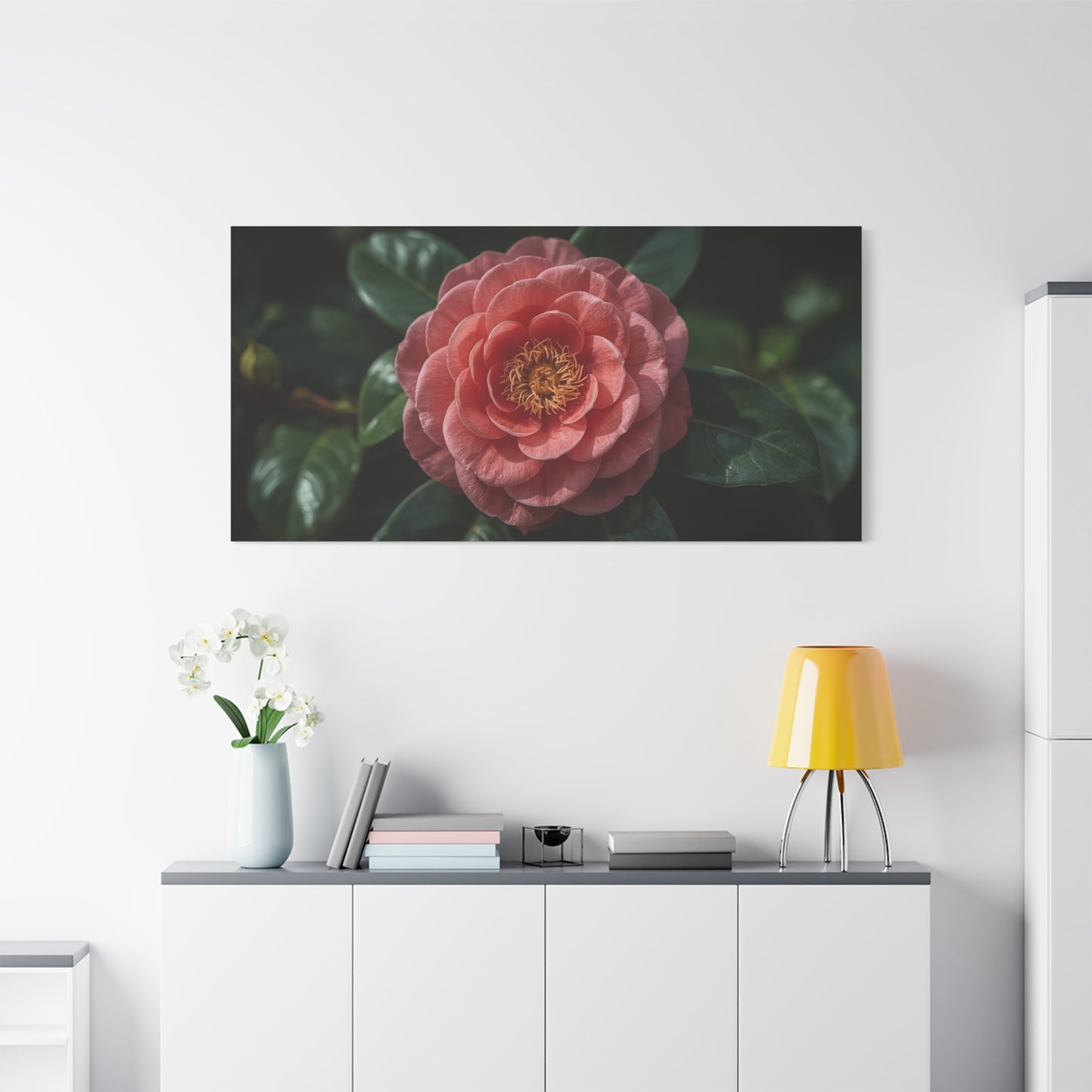 Pink Camellia Flower Canvas Wall Art - Botanical Floral Art Print, Dark Green Leaves, Matte Finish Decor - Traditional Style, Bedroom Wall Decor, Living Room Accent - Bedroom Home Decoration