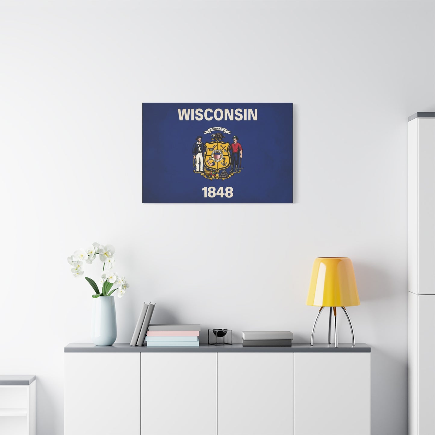 "Wisconsin" 1848 State Flag Canvas Wall Art - Wisconsin Pride Decor, Vintage Typography Banner Print - Patriotic Blue Wall Decor - Living Room Home Decoration - Ready to Hang - Bedroom Home Decoration