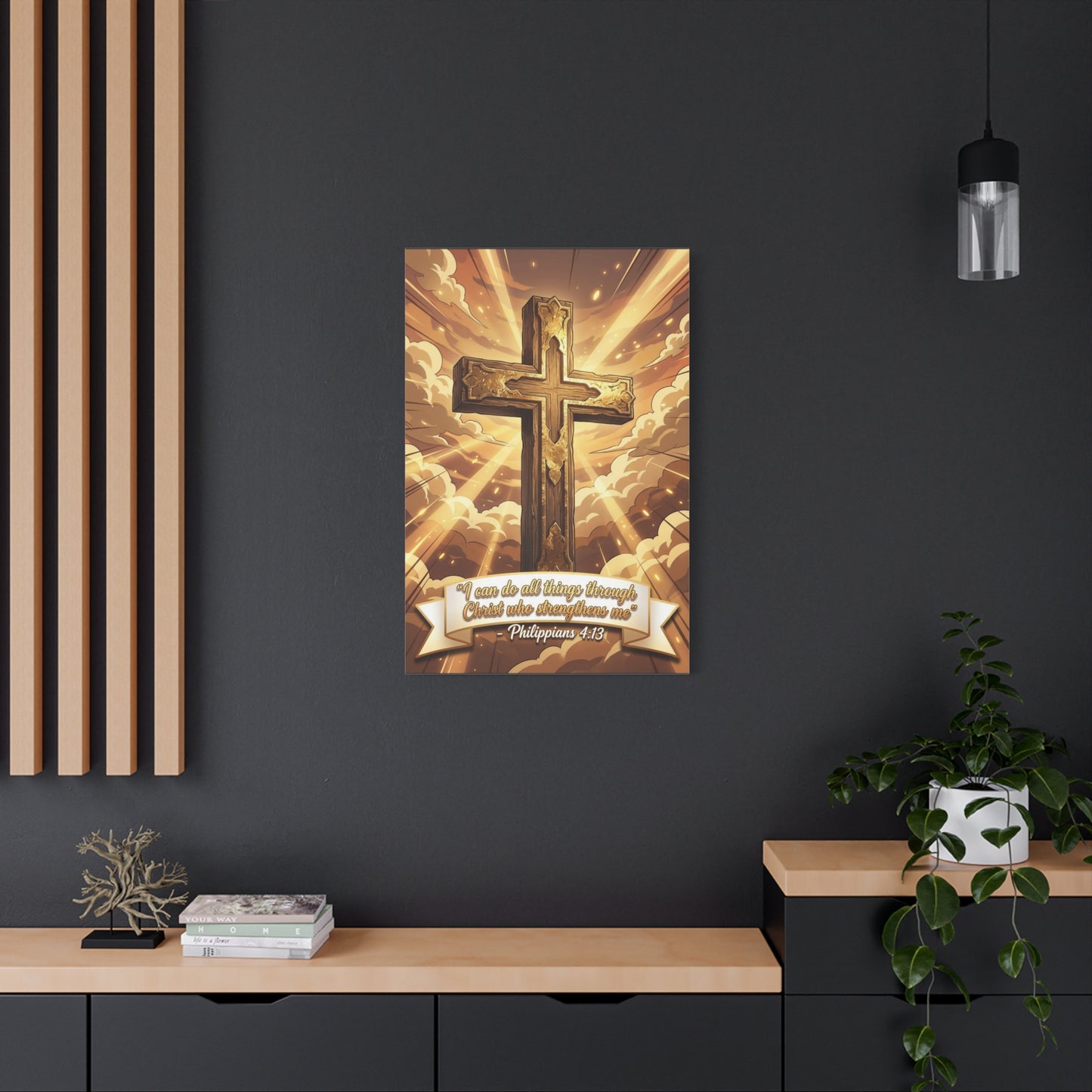 "I Can Do All Things Through Christ Who Strengthens Me" Cross Canvas Wall Art - Philippians 4:13 Scripture Decor, Golden Sky Christian Home Accent, Traditional Bedroom Living Room Decoration