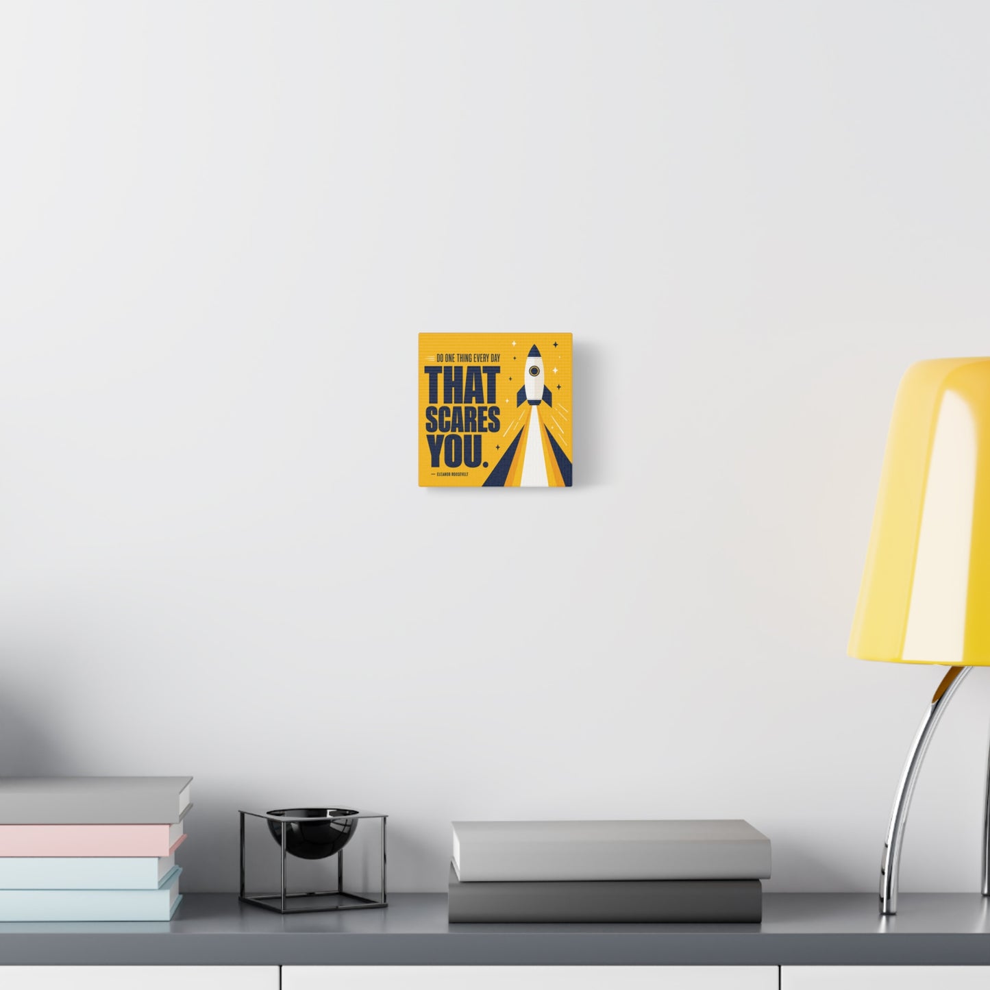 "Do One Thing Every Day That Scares You." Rocket Canvas Wall Art - Motivational Typography Space Decor - Modern Yellow Quote Print - Kids Bedroom Wall Decor, Playroom Home Decoration - Ready to Hang