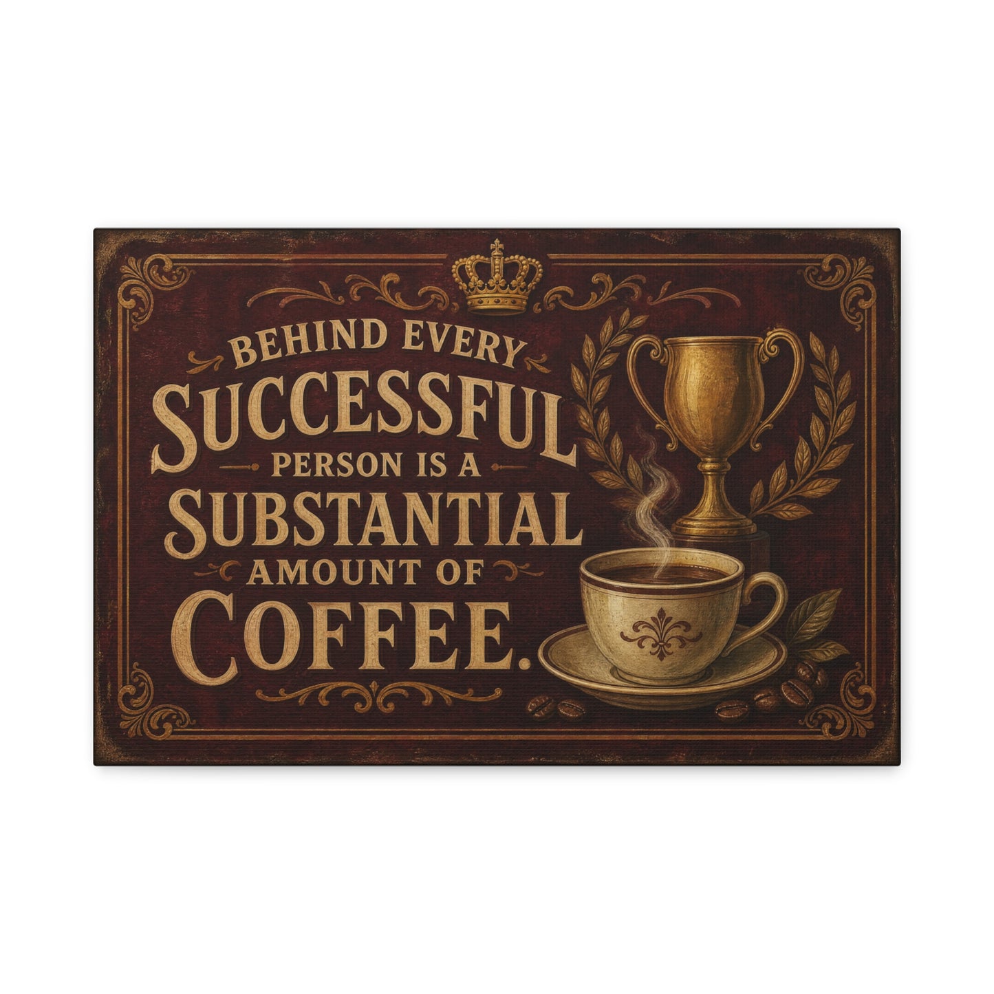 "Behind Every Successful Person Is A Substantial Amount Of Coffee." Canvas Wall Art - Vintage Coffee Quote Decor, Rustic Typography Print - Ready to Hang - Cafe Wall Art - Bistro Decor