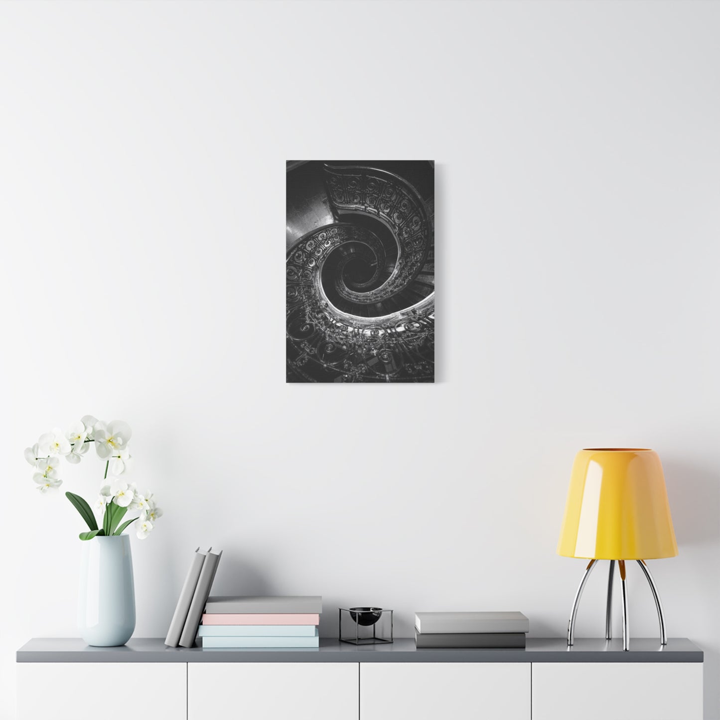 Black And White Spiral Staircase Canvas Wall Art - Architectural Art Print, Moody Monochrome Interior, Modern Minimalist Style - Office Wall Decor, Living Room Accent - Bedroom Home Decoration