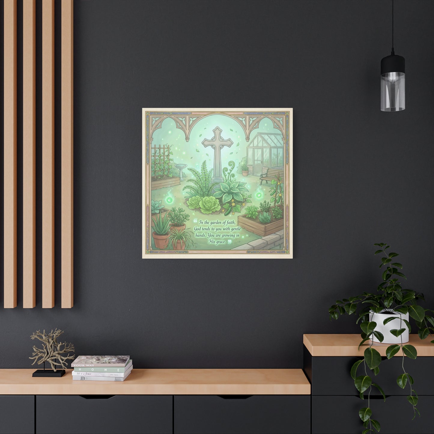 "In The Garden Of Faith" Christian Canvas Wall Art - Cross Garden Quote Print - Botanical Scripture Decor, Matte Cotton Canvas - Traditional Religious Wall Decor For Bedroom Office - Ready to Hang