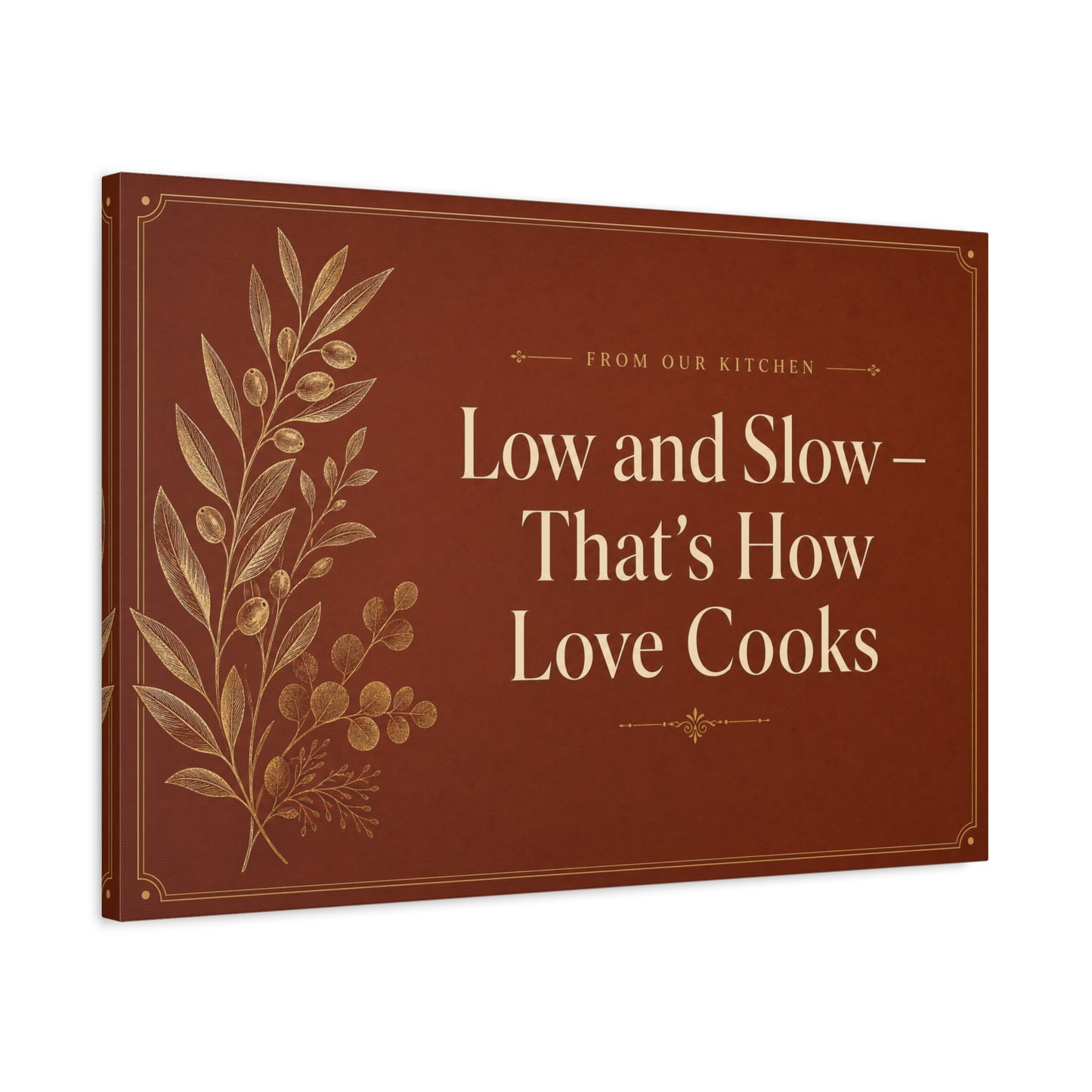"Low And Slow - That's How Love Cooks" Kitchen Canvas Wall Art - Rustic Typography Botanical Print - Brown Farmhouse Dining Room Decor - Office Wall Art - Bedroom Home Decoration - Ready to Hang